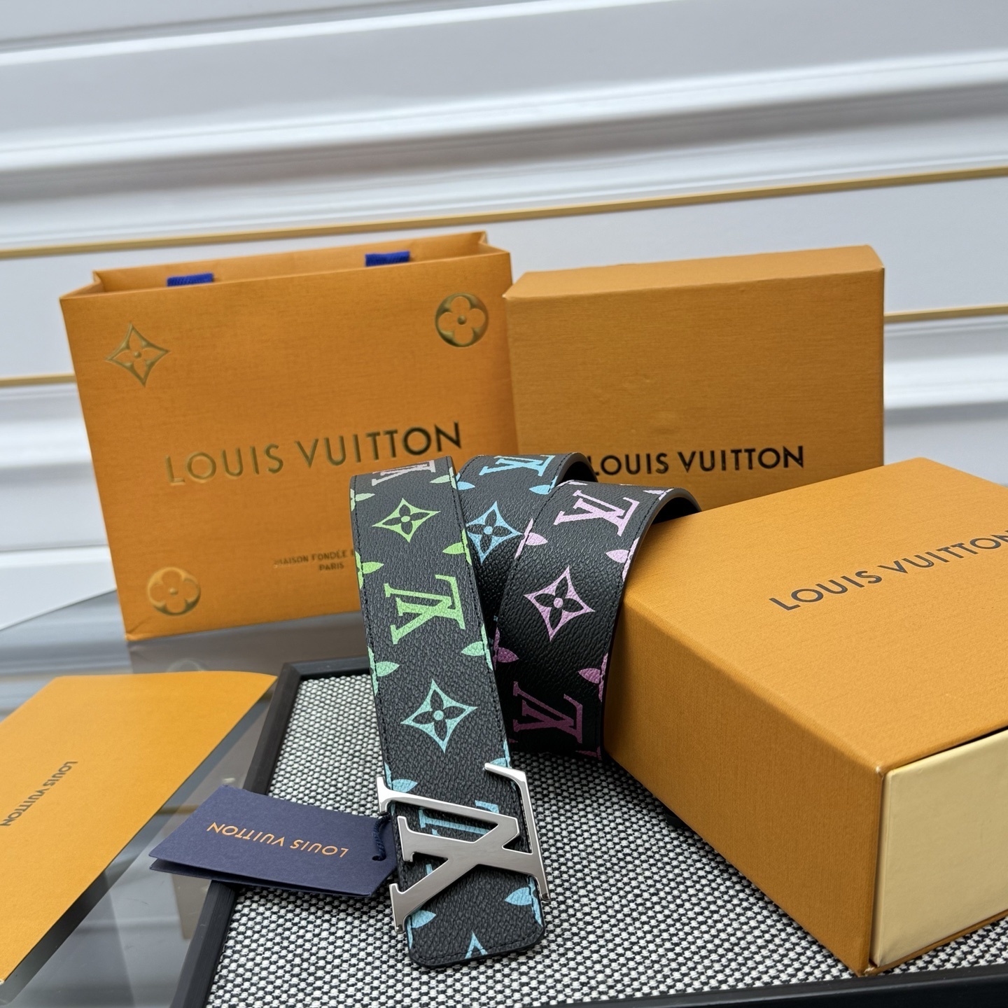 Louis Vuitton Black Pastel Monogram Belt with Silver LV Initial