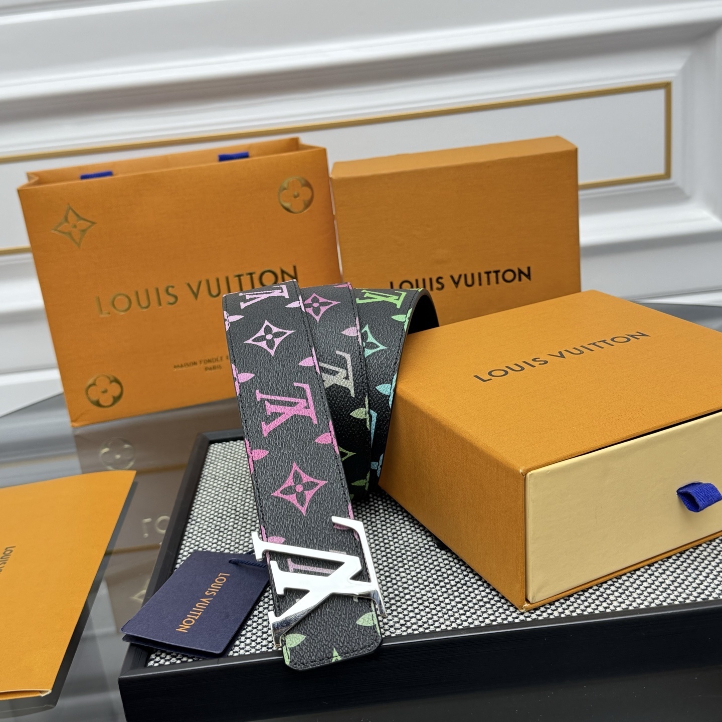 Louis Vuitton Multi-Color Monogram Belt Silver LV Initial Buckle