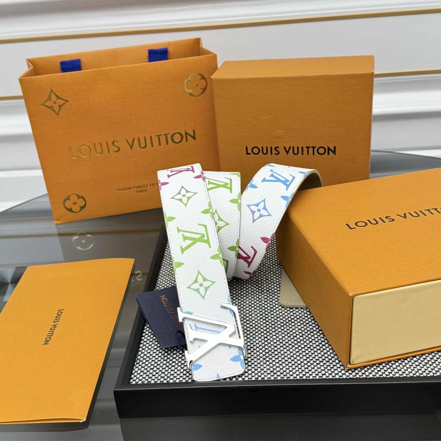 Louis Vuitton White Multi-Color Monogram Belt with Silver LV Buckle