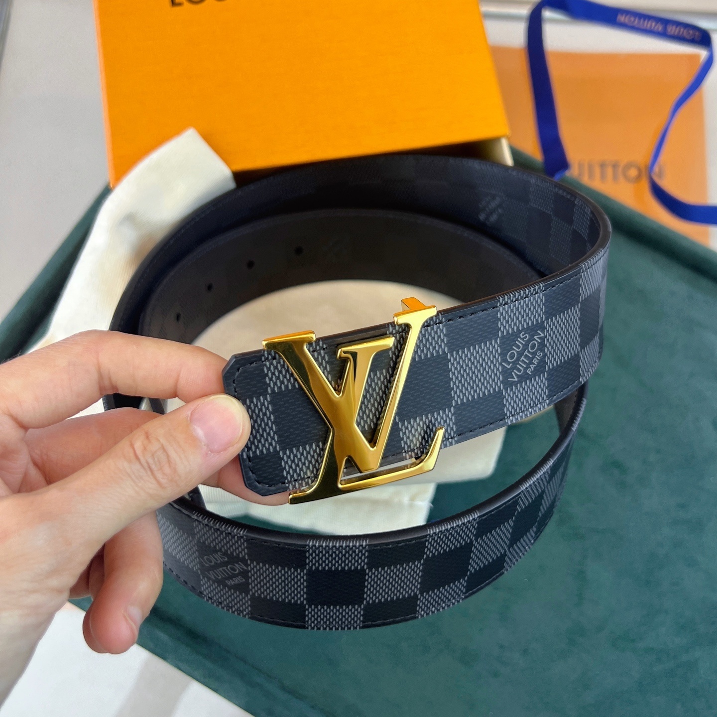 Louis Vuitton LV Initiales Damier Cobalt Men's Belt Gold Buckle