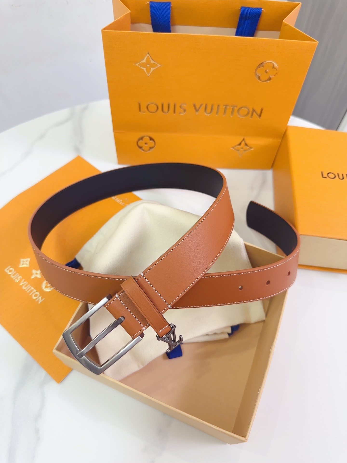 Louis Vuitton Tan Leather Belt with Silver Buckle & LV Charm
