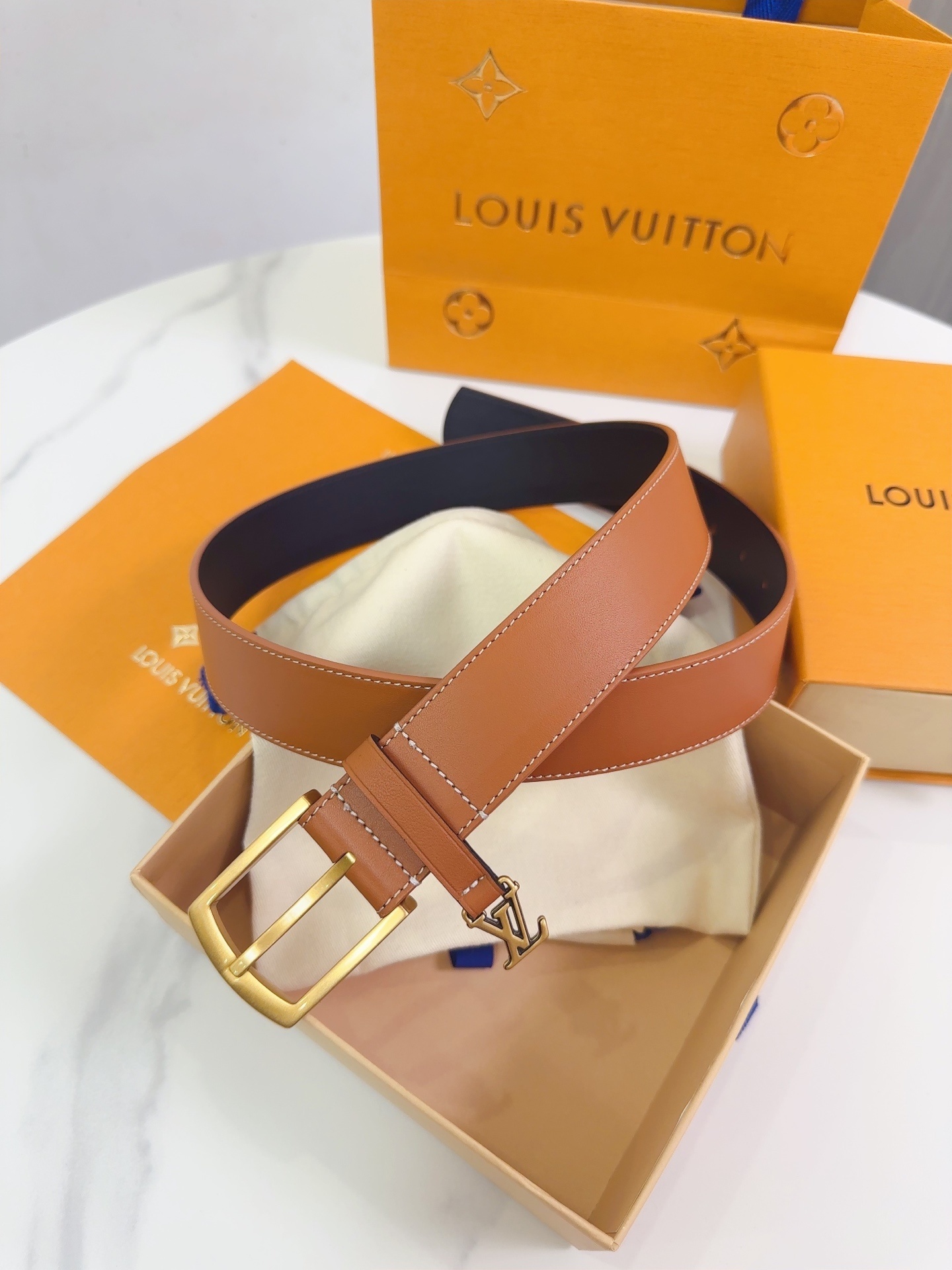 Louis Vuitton Tan Leather Belt with Iconic LV Charm - Gold Buckle