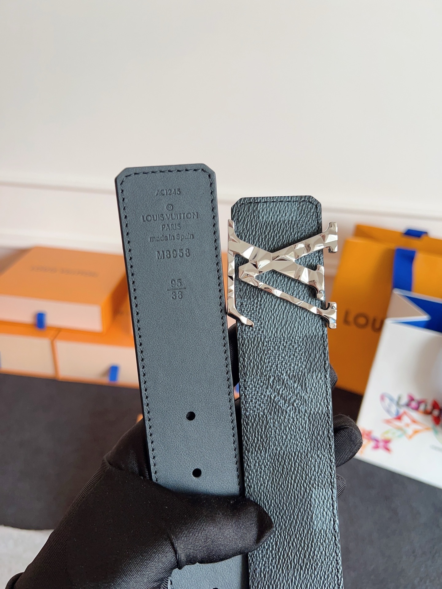 LV Initiales Damier Infini Leather Belt with Faceted Silver Buckle