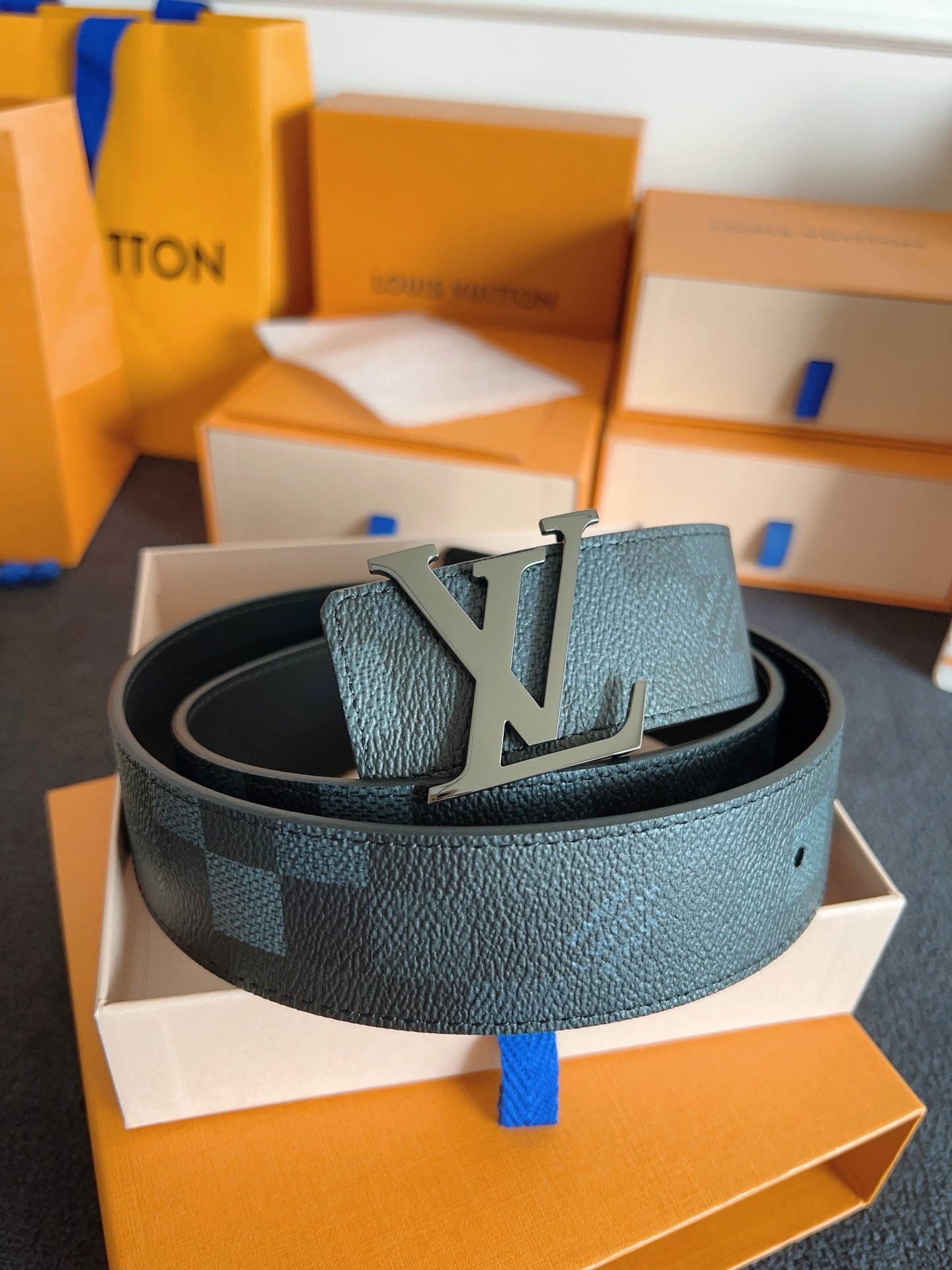 Louis Vuitton LV Initial Black Grained Leather Belt for Men