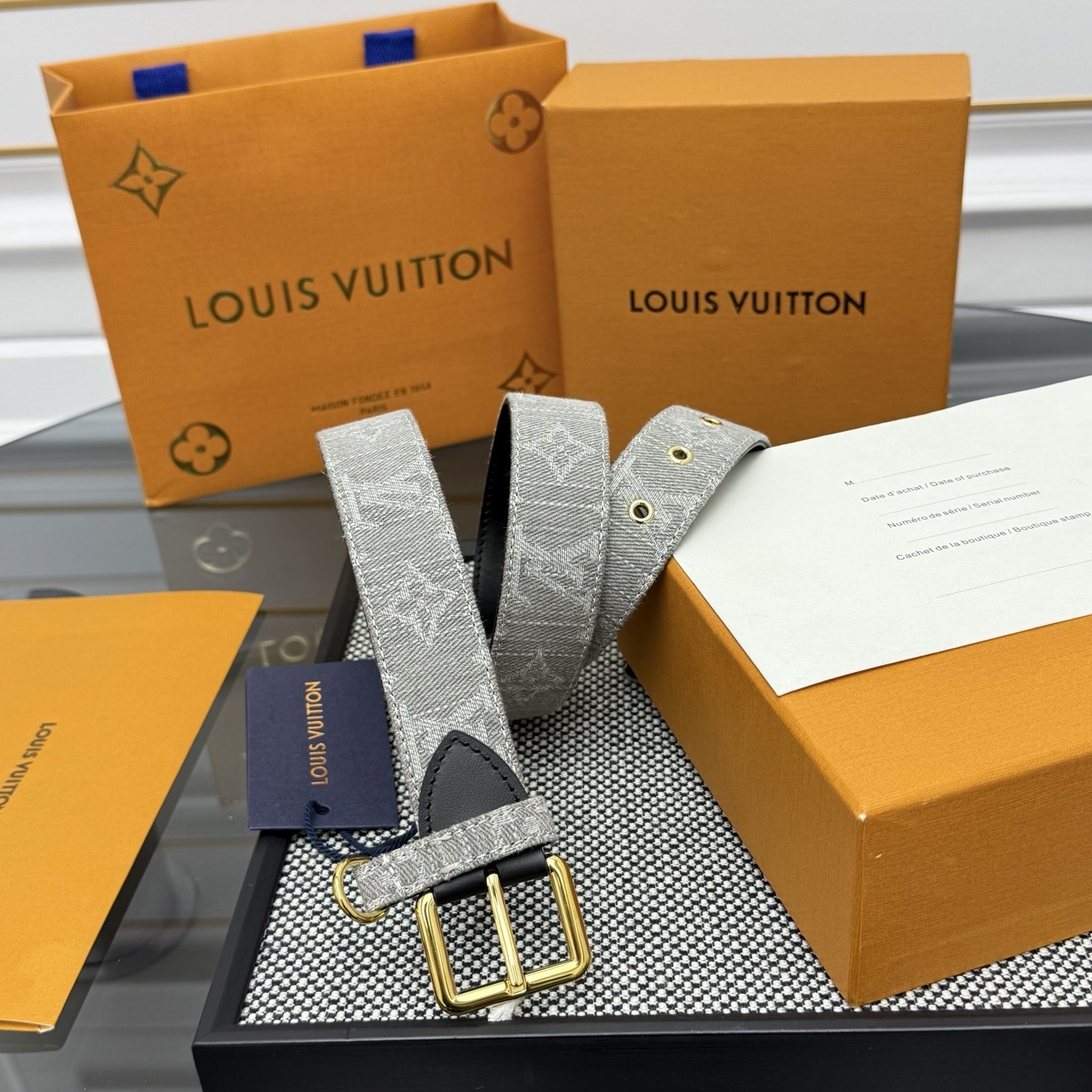 Louis Vuitton Monogram Grey Denim Belt with Gold-Tone Buckle