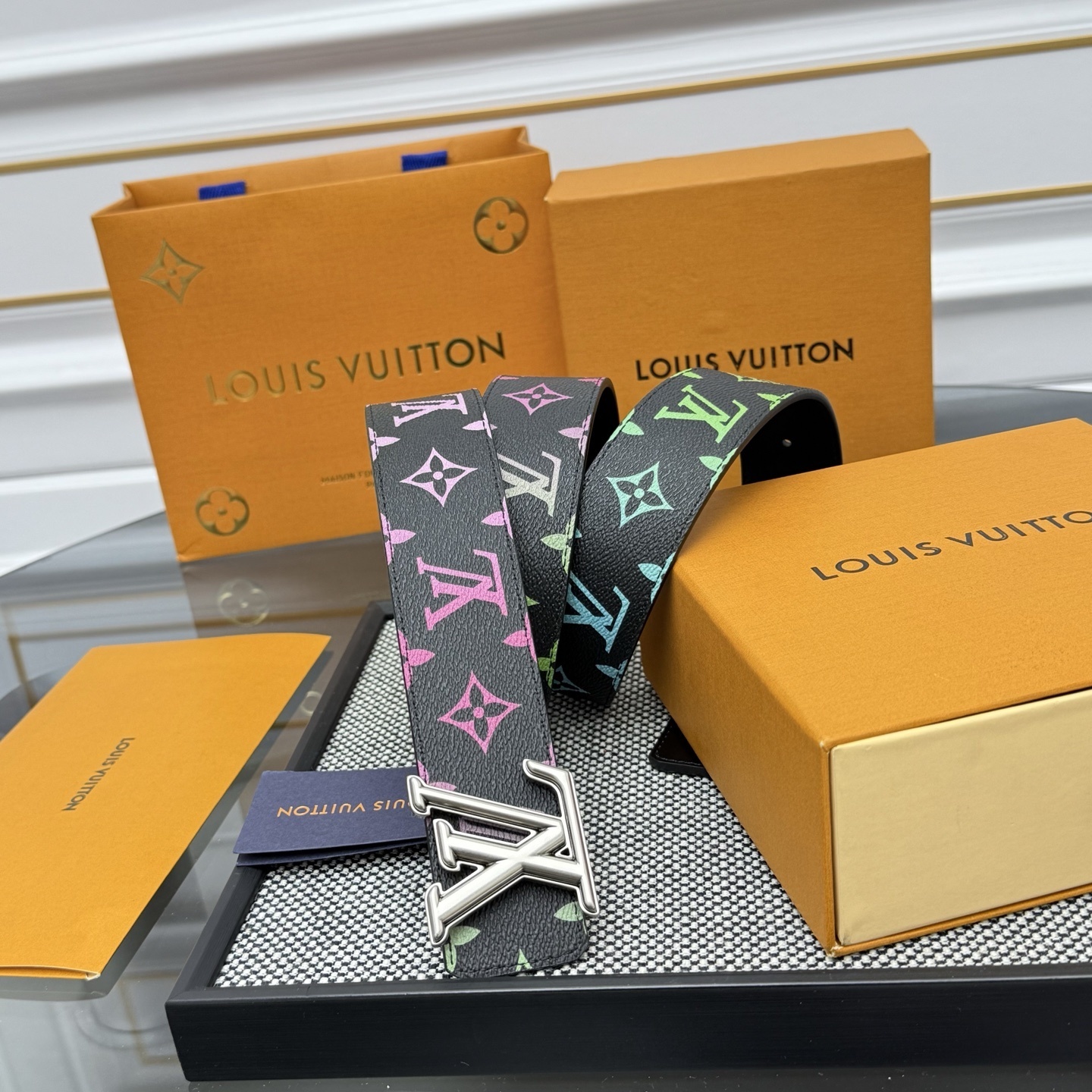 Louis Vuitton Monogram Initial Silver Buckle Multi-Color Belt