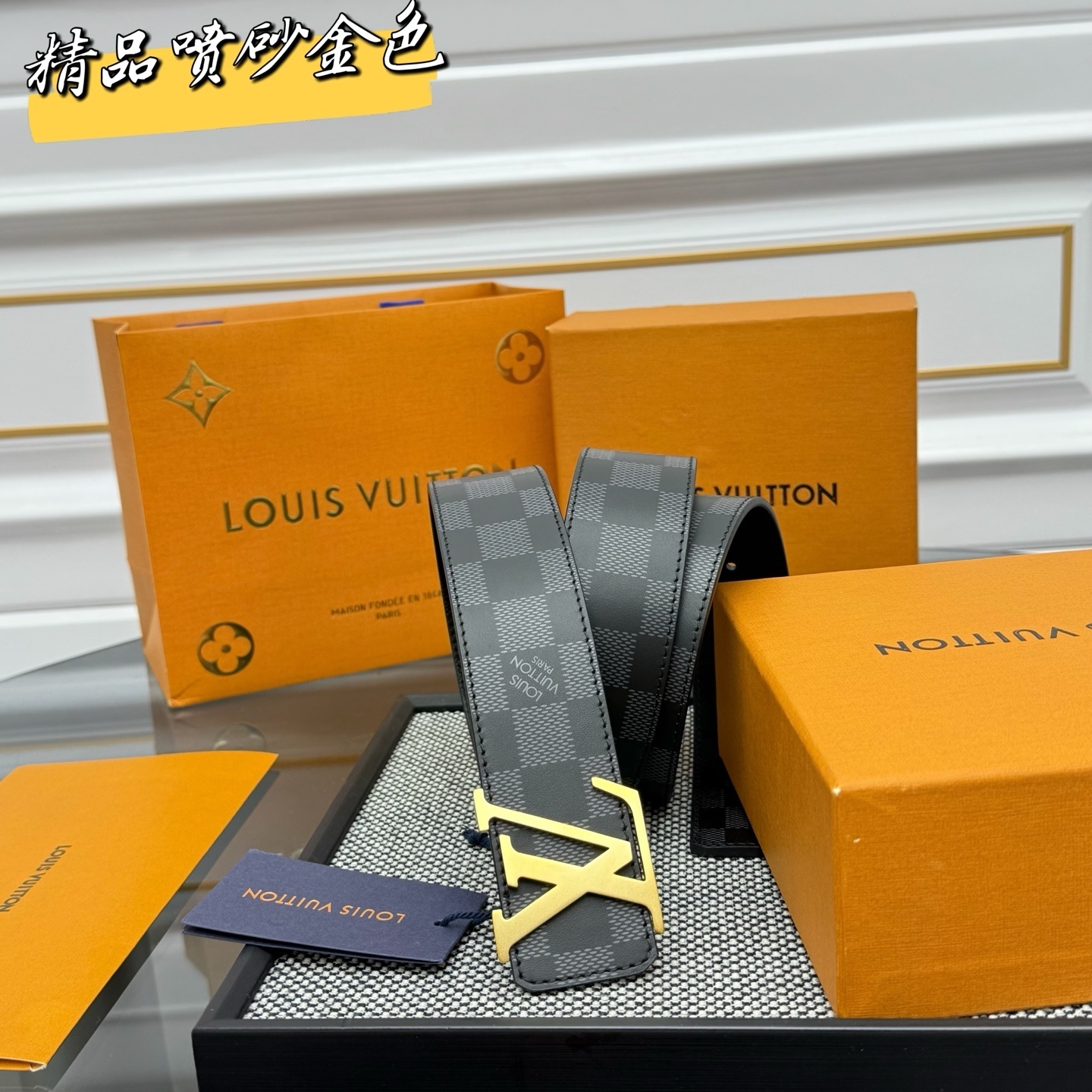 Louis Vuitton Damier Graphite Men's Belt with Gold LV Initial Buckle