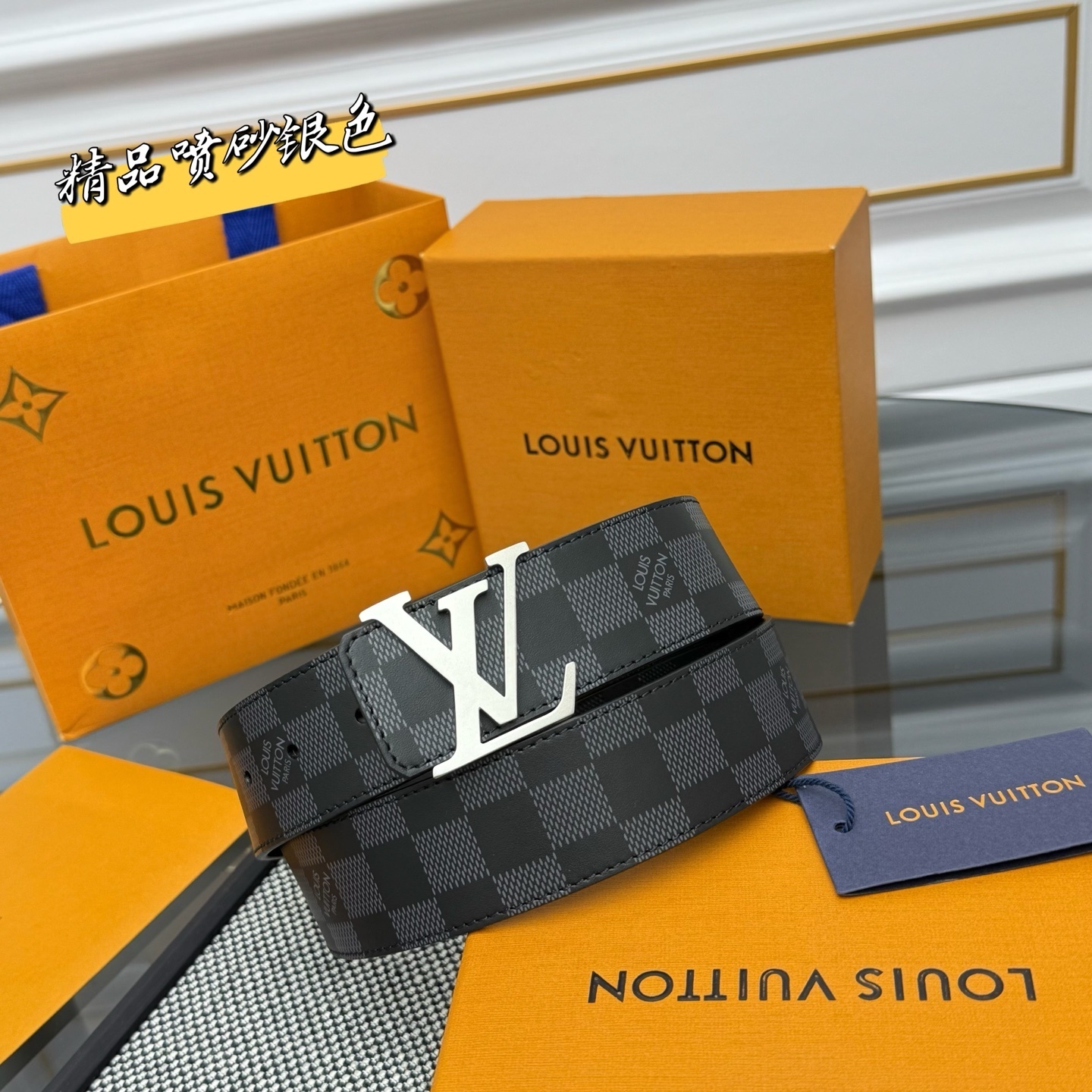 Louis Vuitton Damier Graphite Men's Belt with Silver LV Buckle