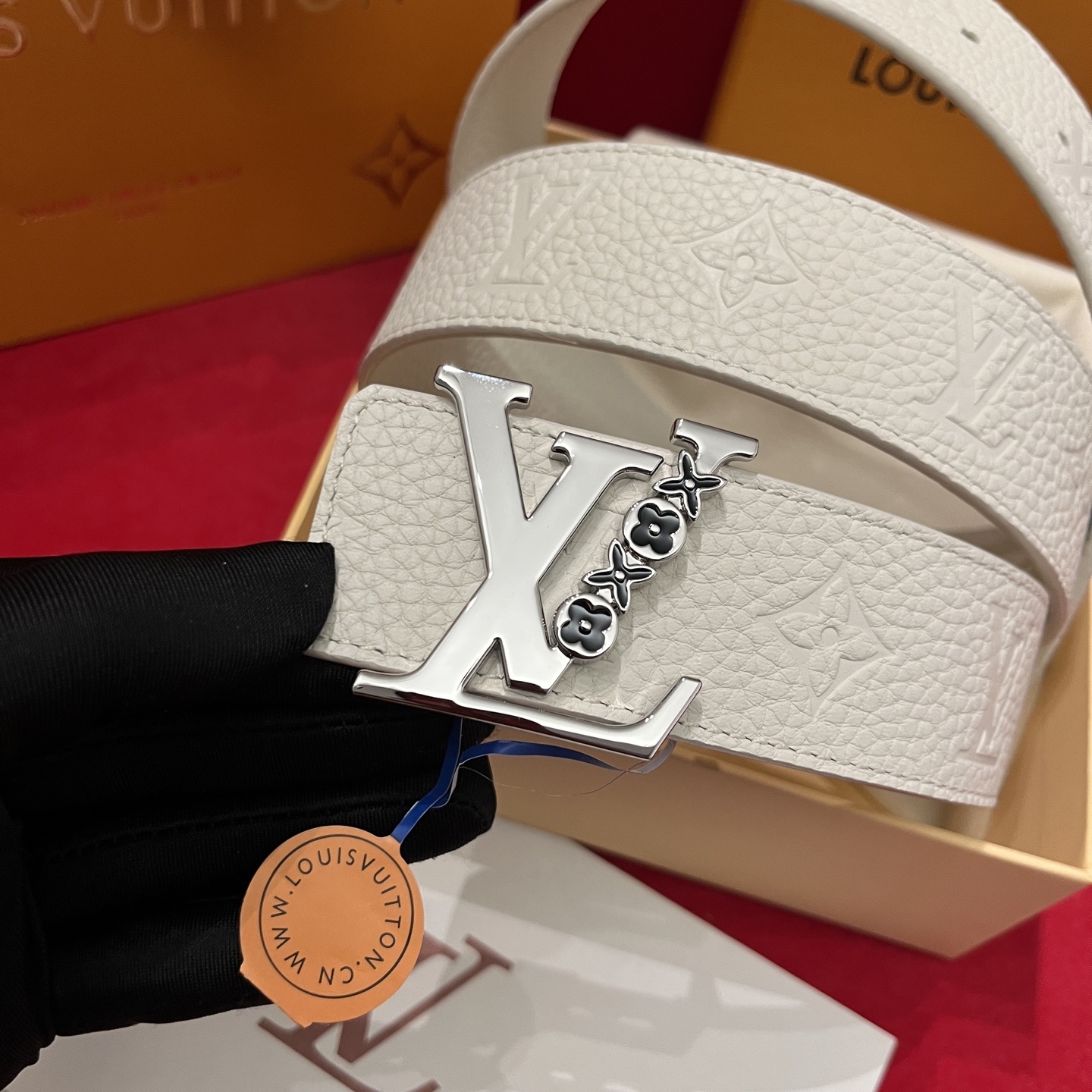 Louis Vuitton White Monogram Leather Belt with Silver LV Initial