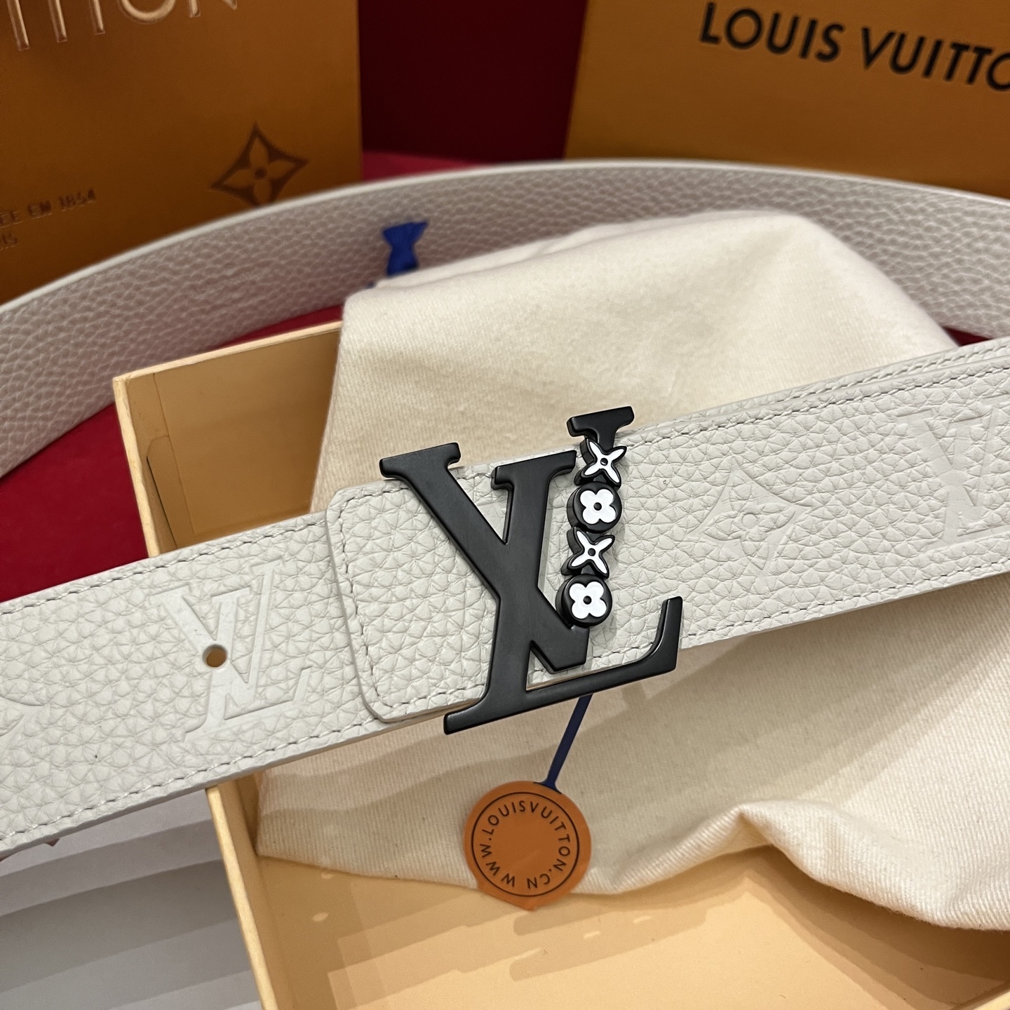 Louis Vuitton White Monogram Leather Belt with Black LV Buckle