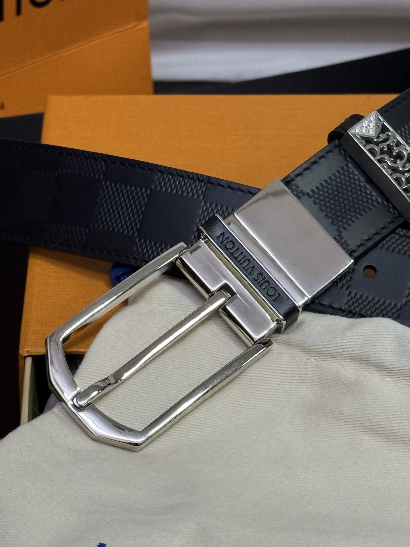 Louis Vuitton Men's Damier Embossed Leather Belt with Silver Buckle