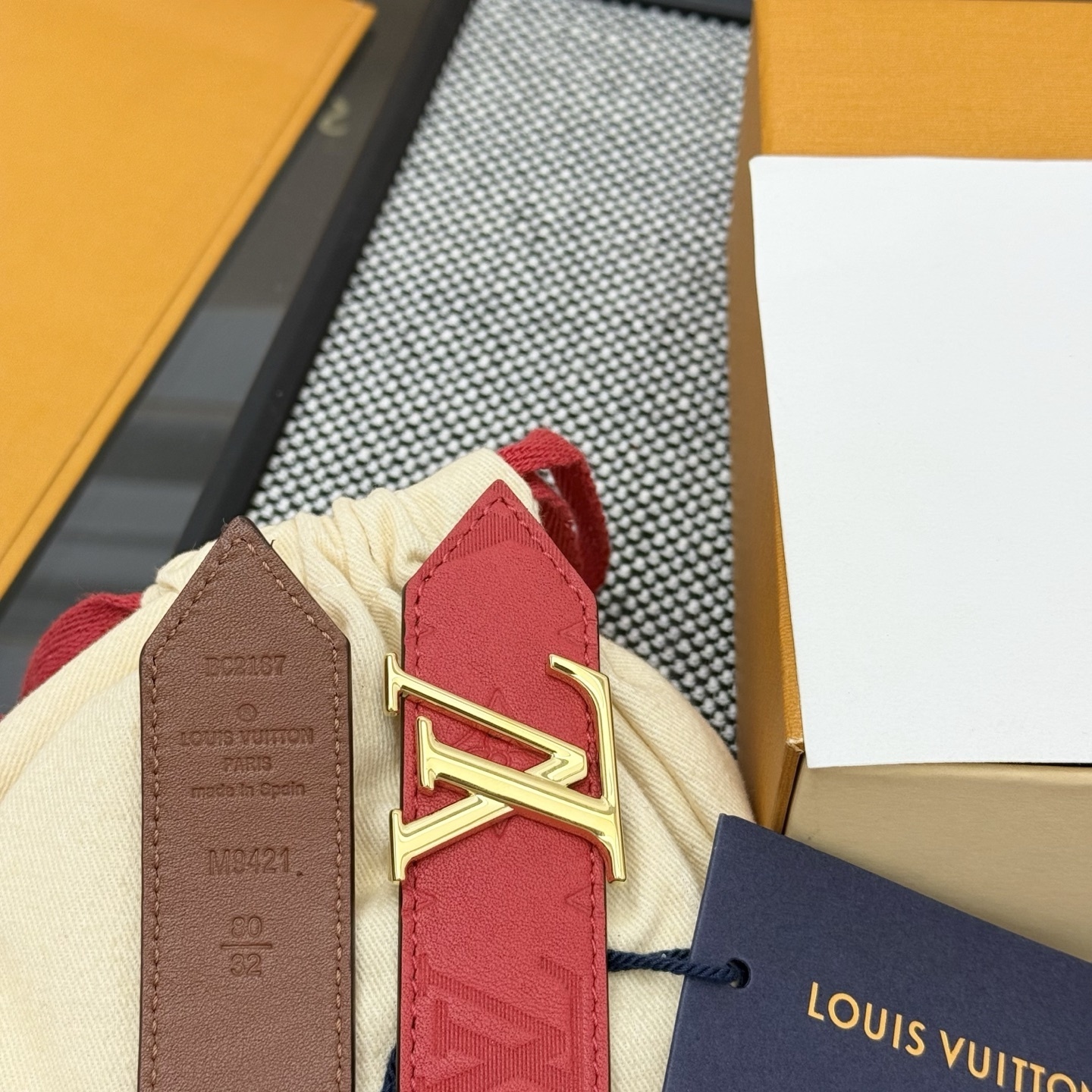 Louis Vuitton Red Monogram Leather Belt with Gold LV Buckle