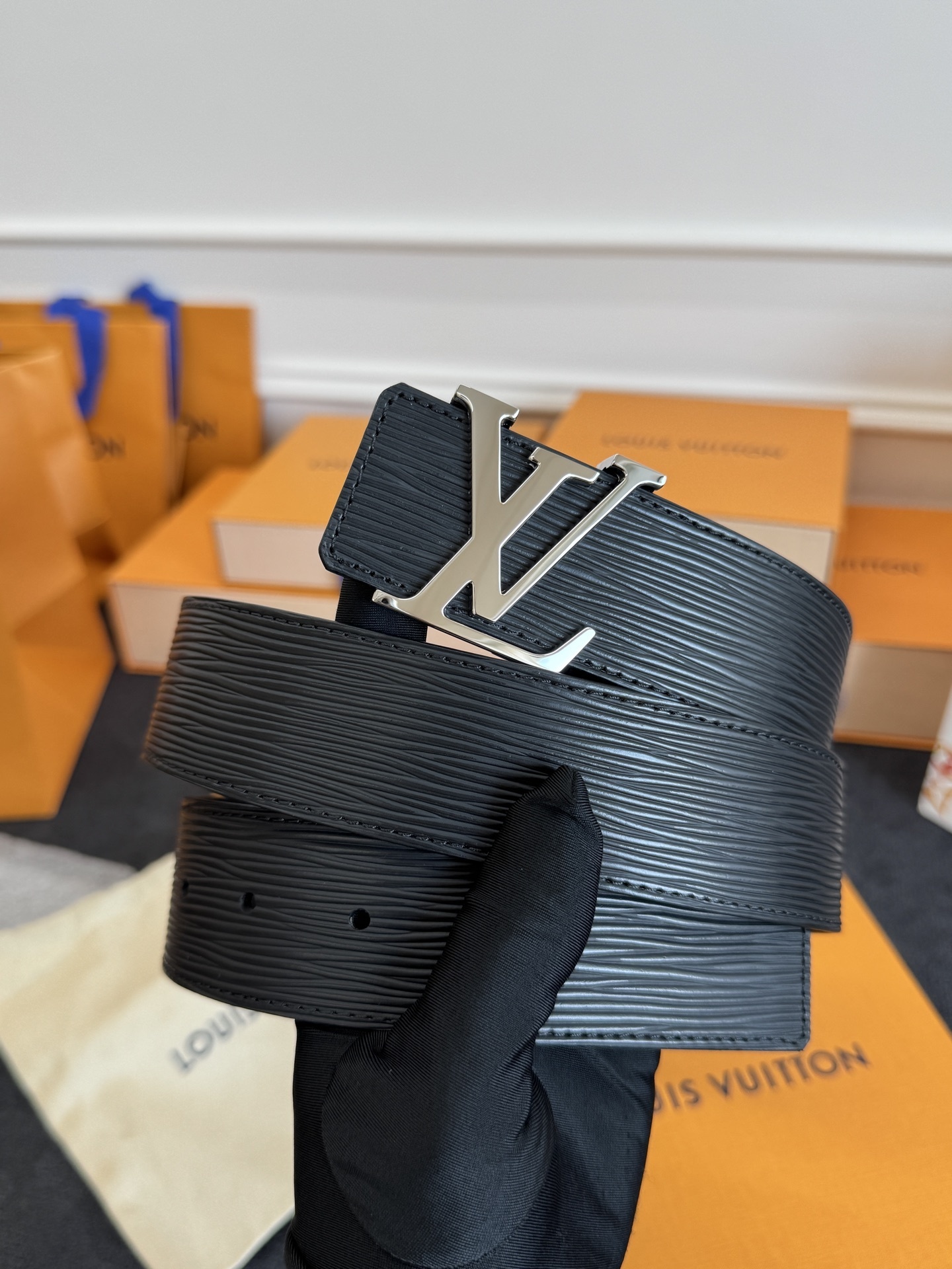 Louis Vuitton Black Epi Leather Belt with Silver LV Buckle