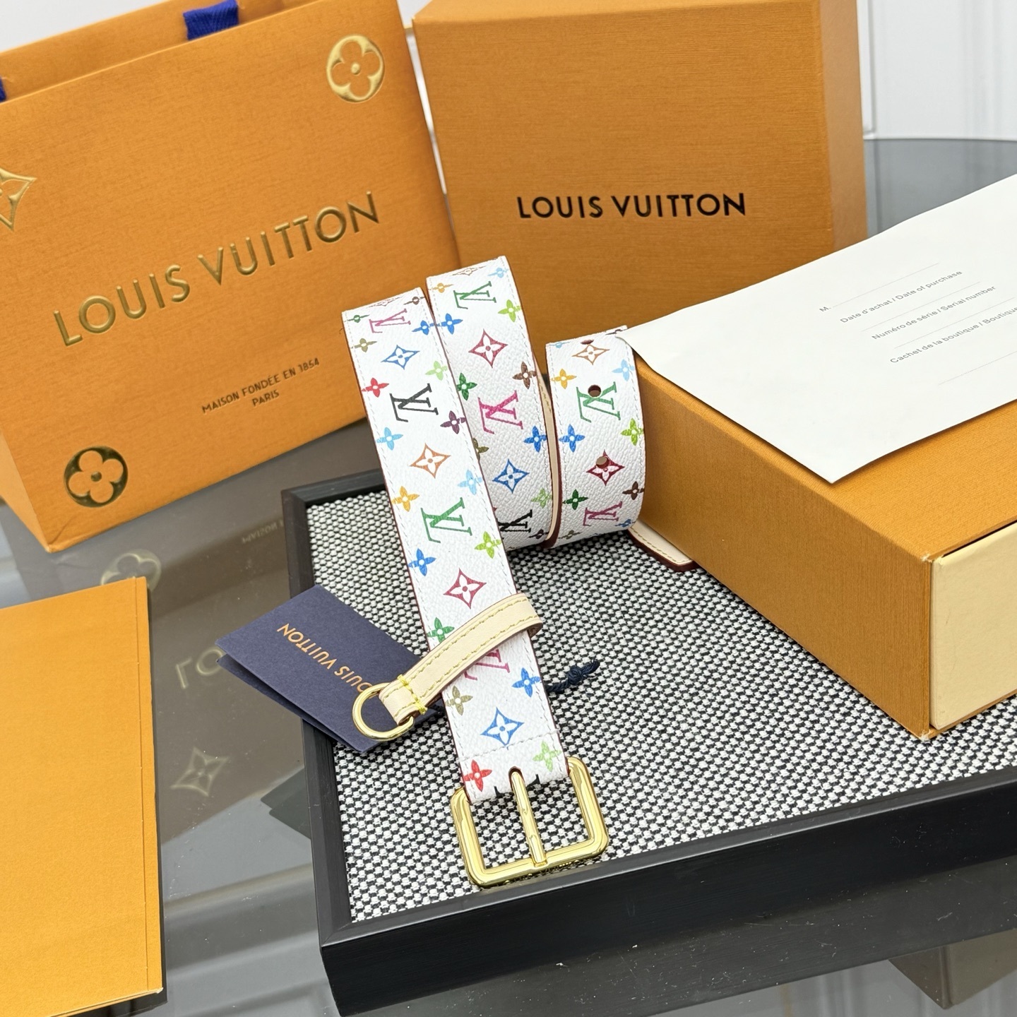 Louis Vuitton Multicolor Monogram Belt White Canvas Gold Buckle