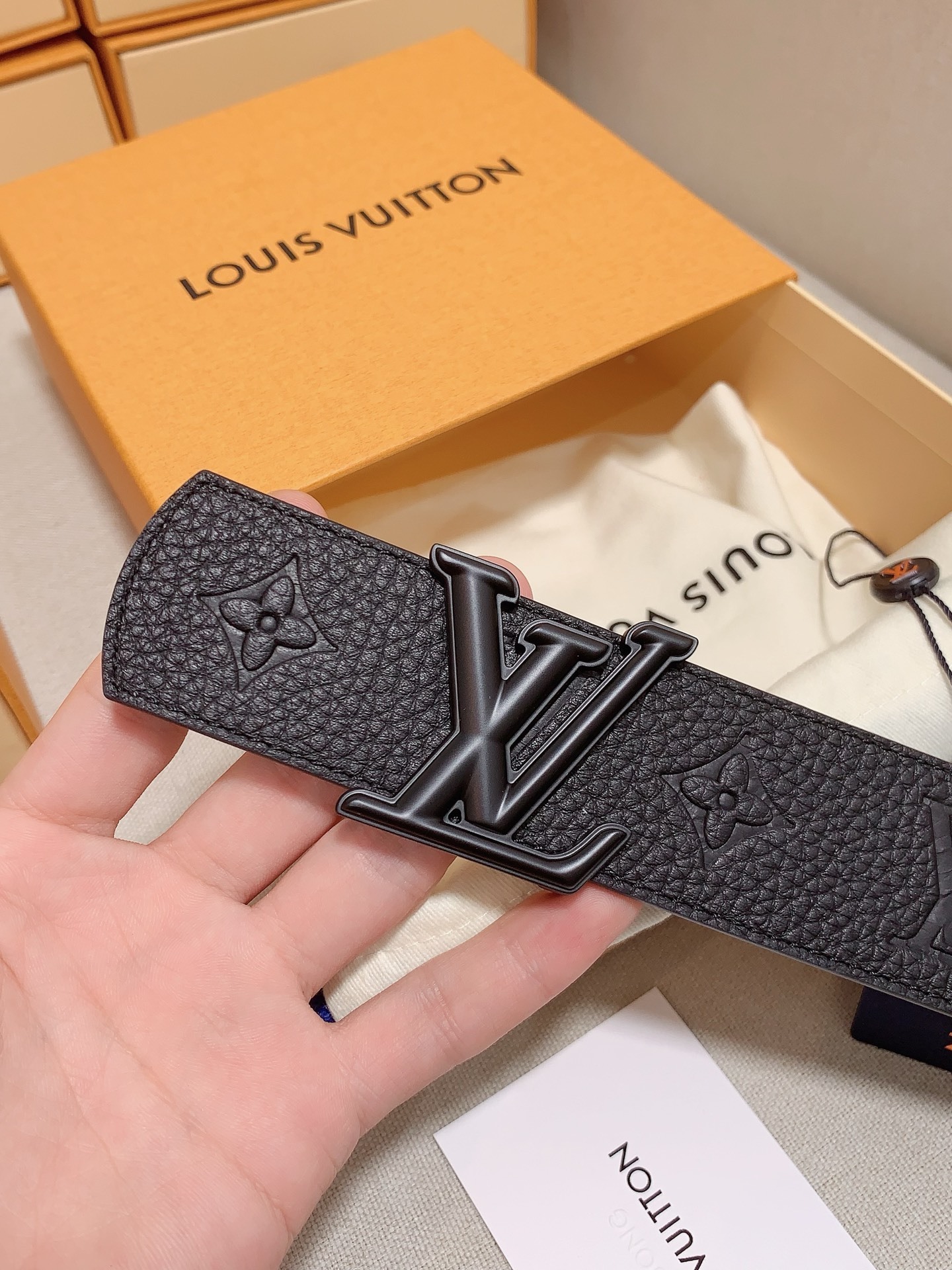 Louis Vuitton Black Monogram Embossed Leather Belt - Matte LV Buckle
