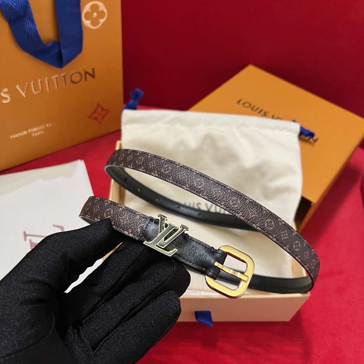 Louis Vuitton Monogram Thin Leather Belt with Gold Buckle