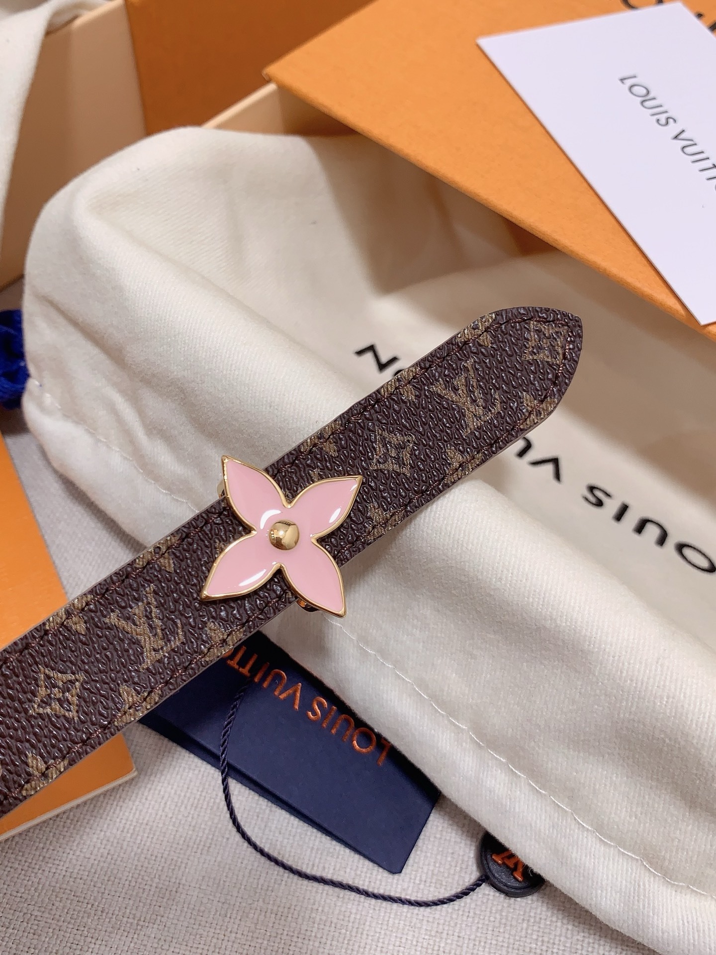 Louis Vuitton Monogram Canvas Belt with Pink Flower Buckle for Women