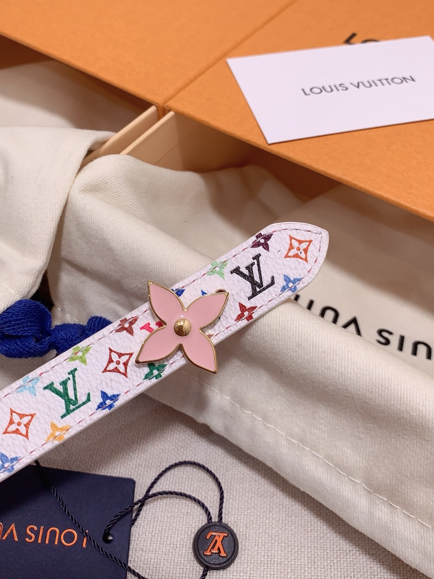 LV Women's White Multicolor Monogram Belt Pink Flower Buckle