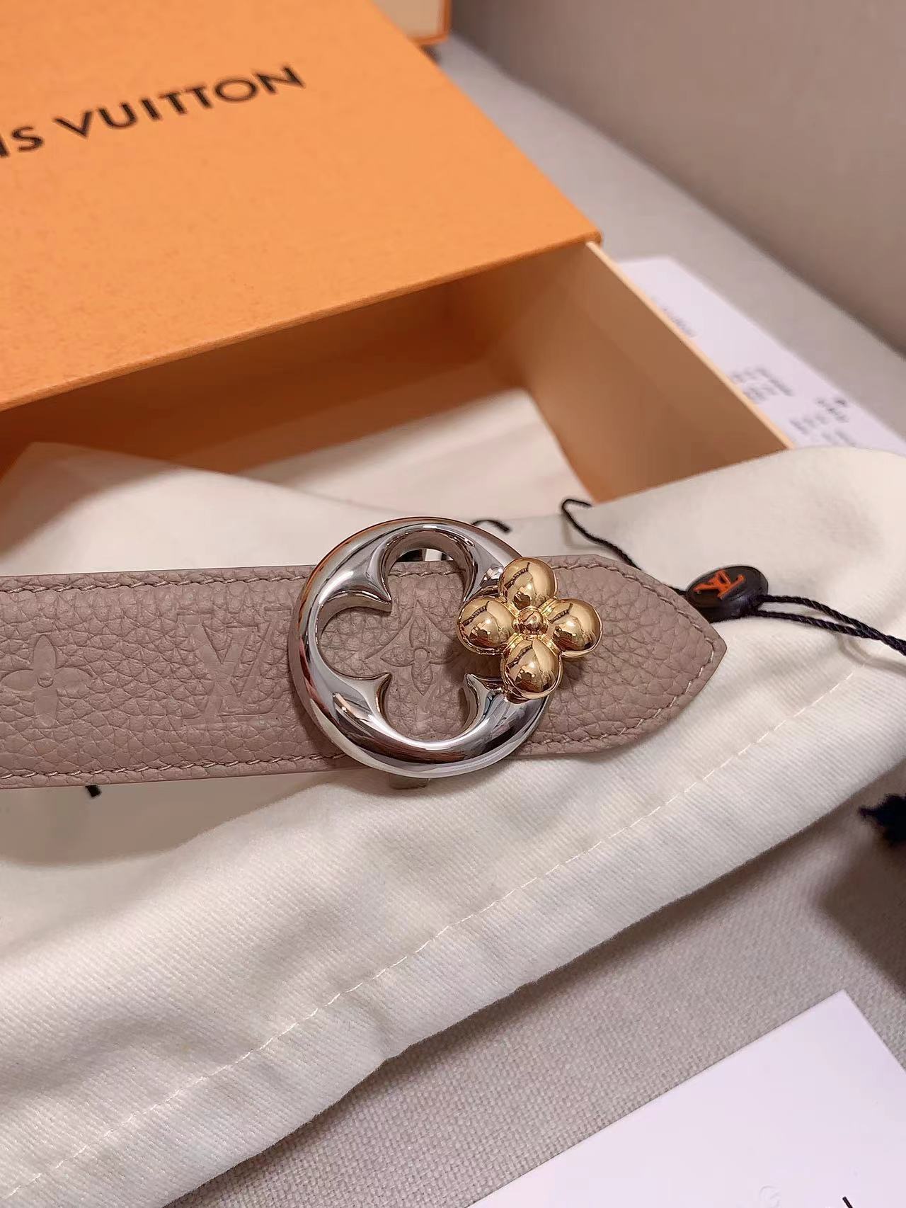 Louis Vuitton Monogram Empreinte Leather Belt Floral Buckle Taupe