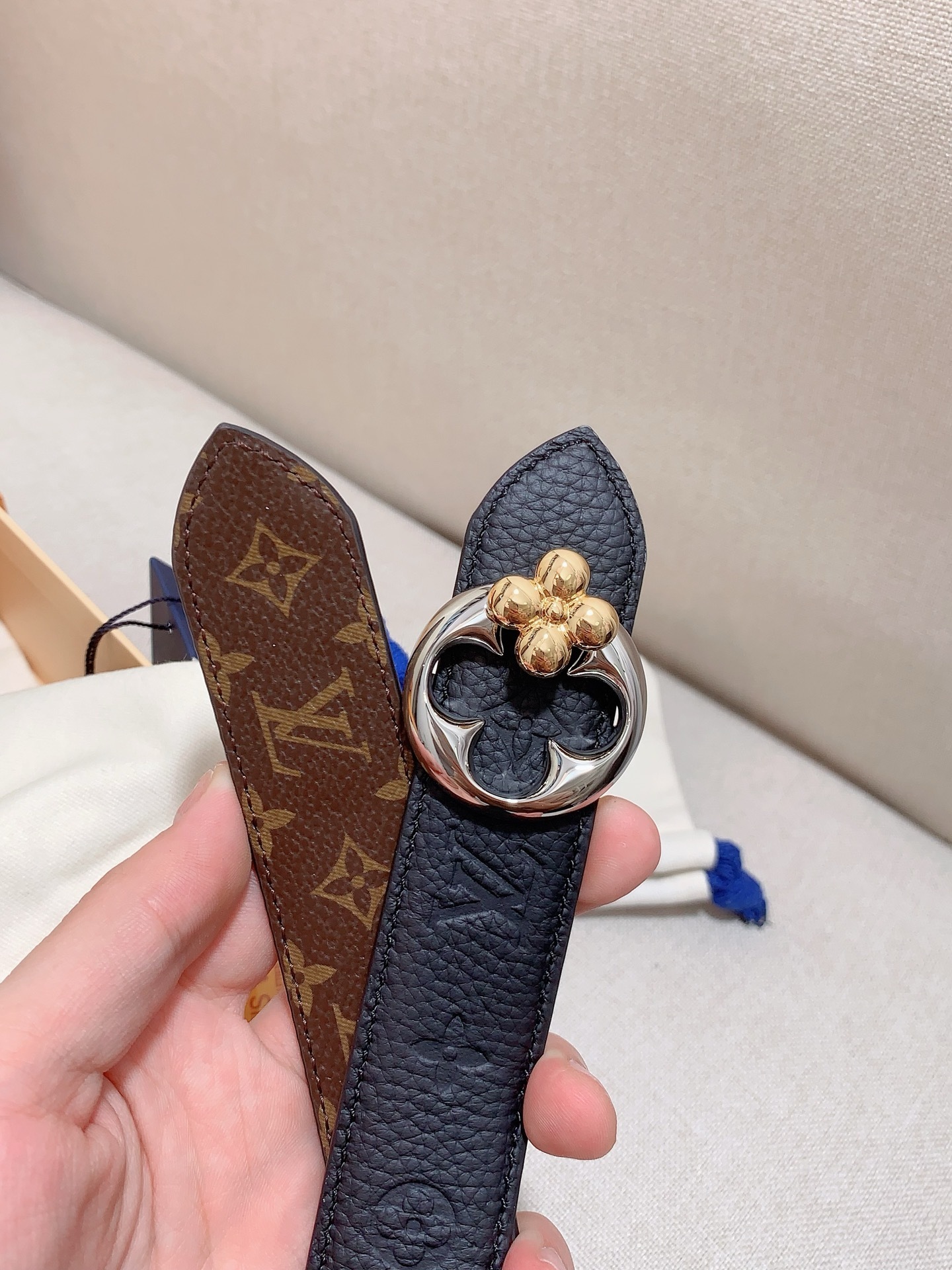 Louis Vuitton Monogram Empreinte Leather Belt with Blossom Buckle