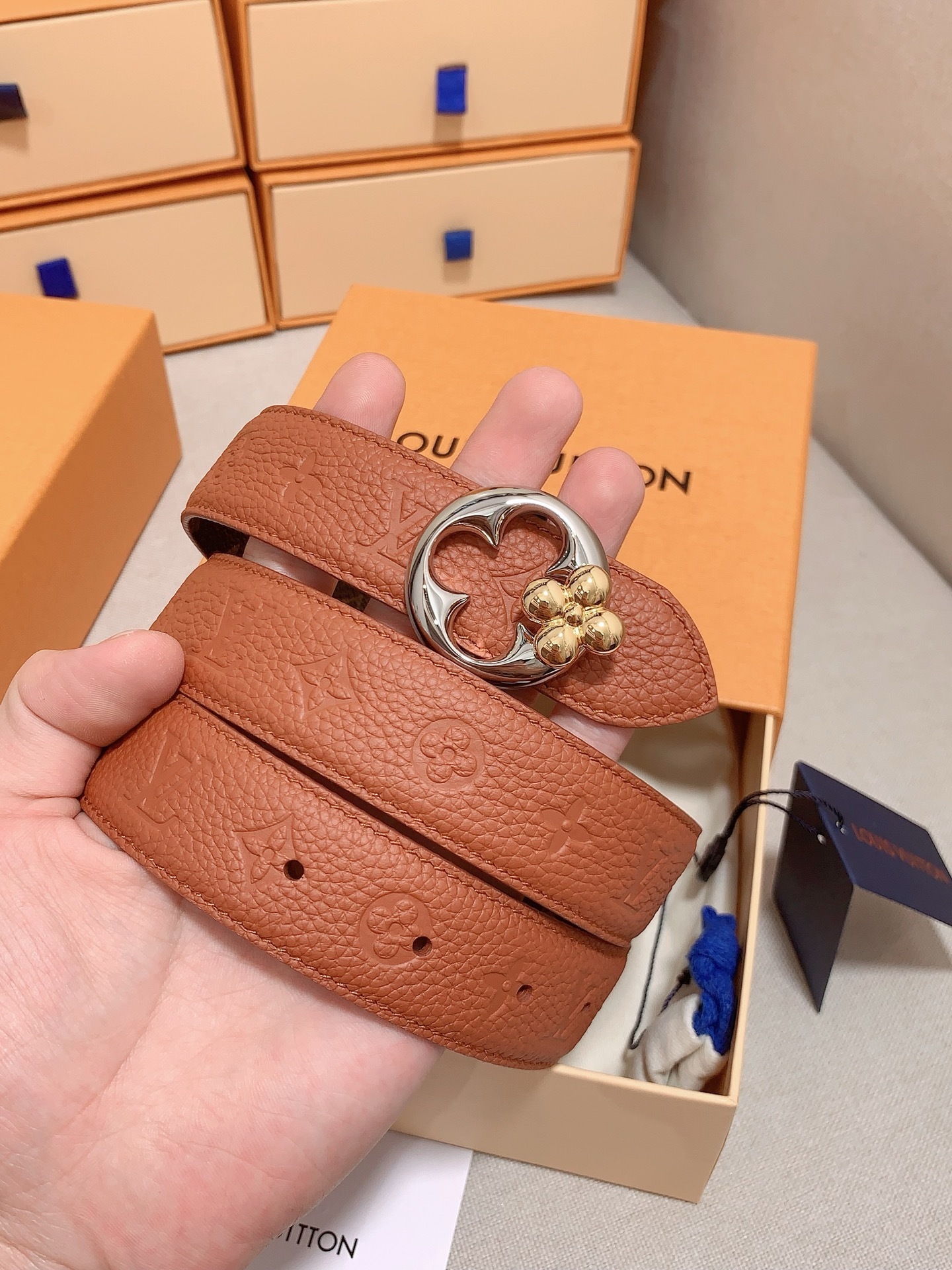 Louis Vuitton Monogram Empreinte Leather Belt with Flower Buckle