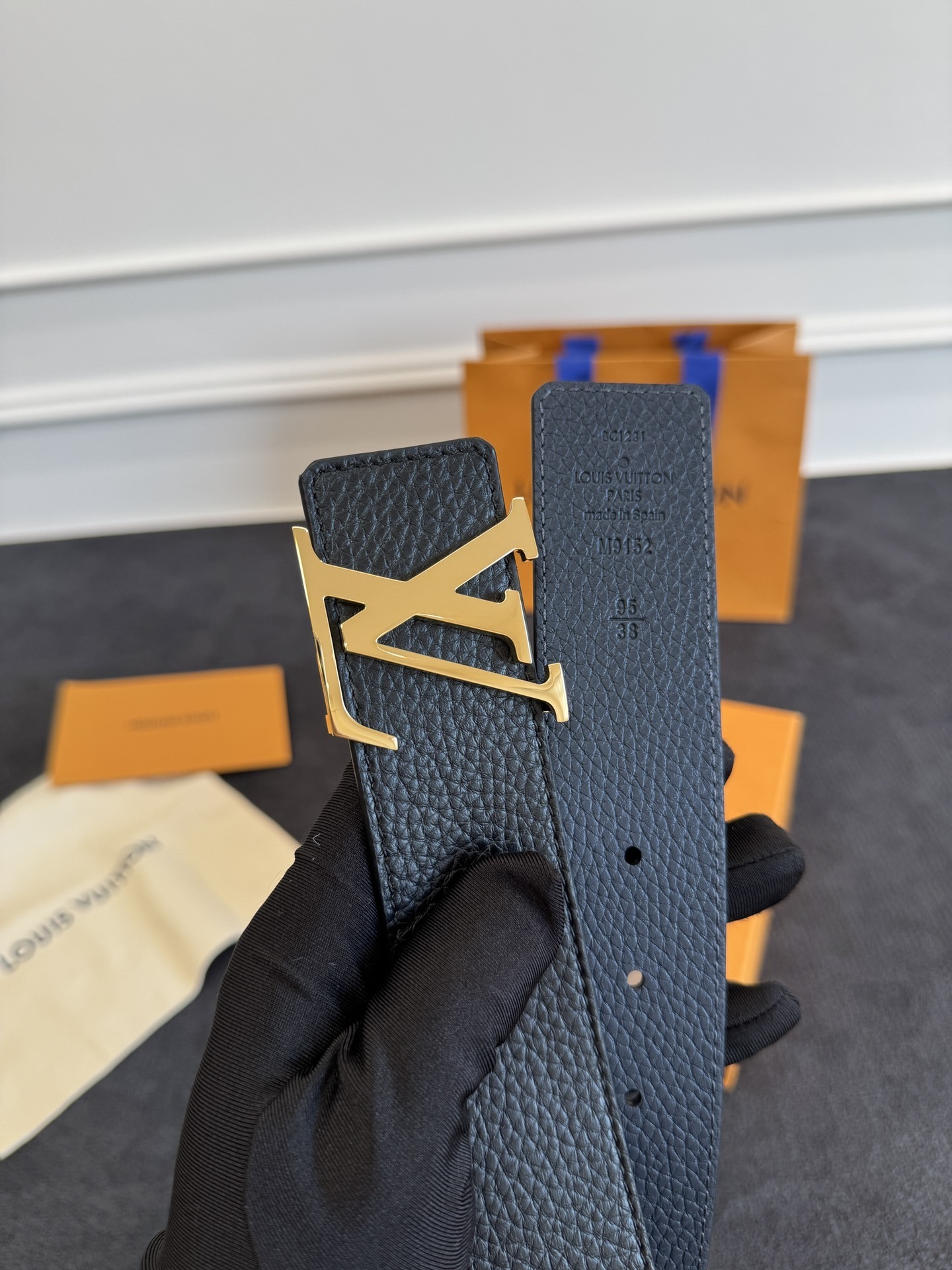 Louis Vuitton Men's Black Grained Leather Belt with Gold LV Buckle