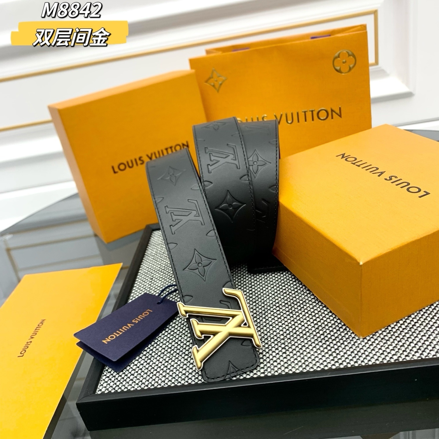 Louis Vuitton Men's Monogram Black Leather Belt Gold Buckle M8842