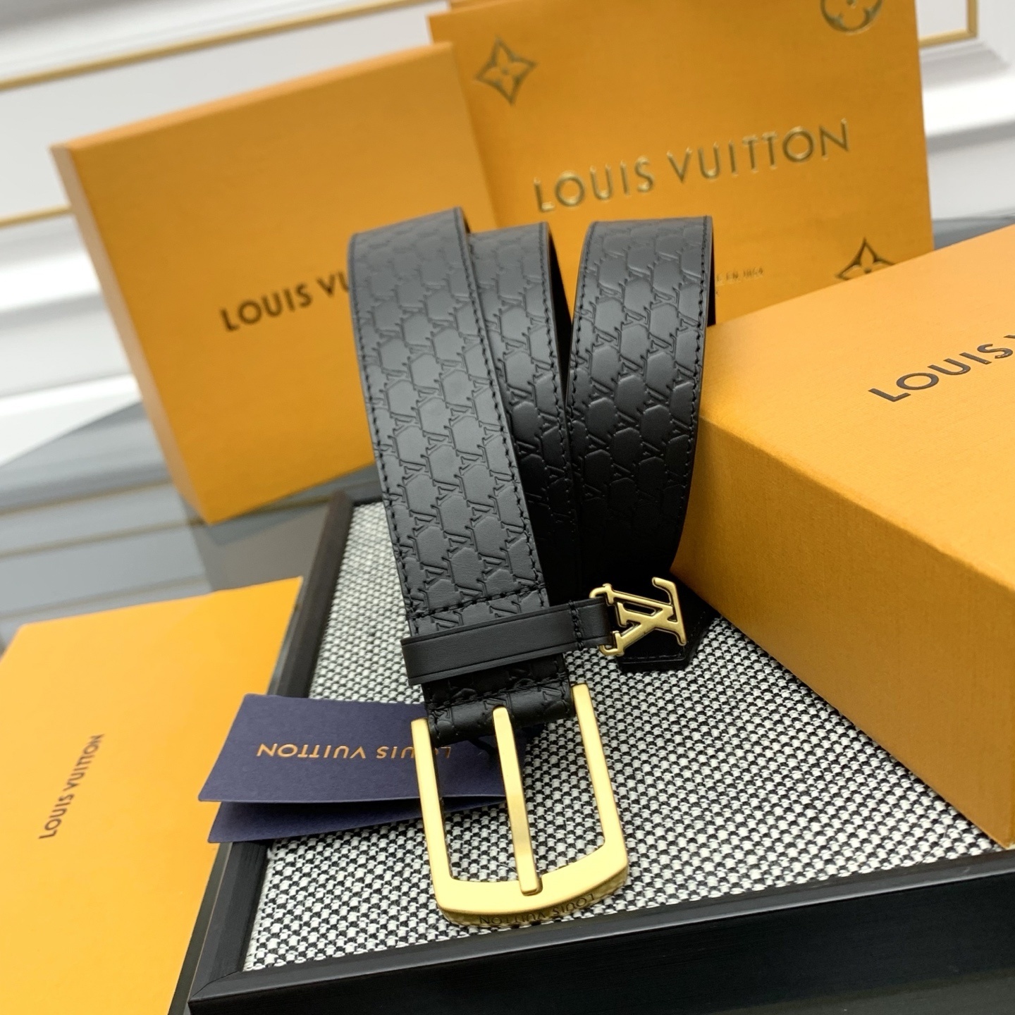 Louis Vuitton Men's Black Embossed Leather Belt with Gold Buckle