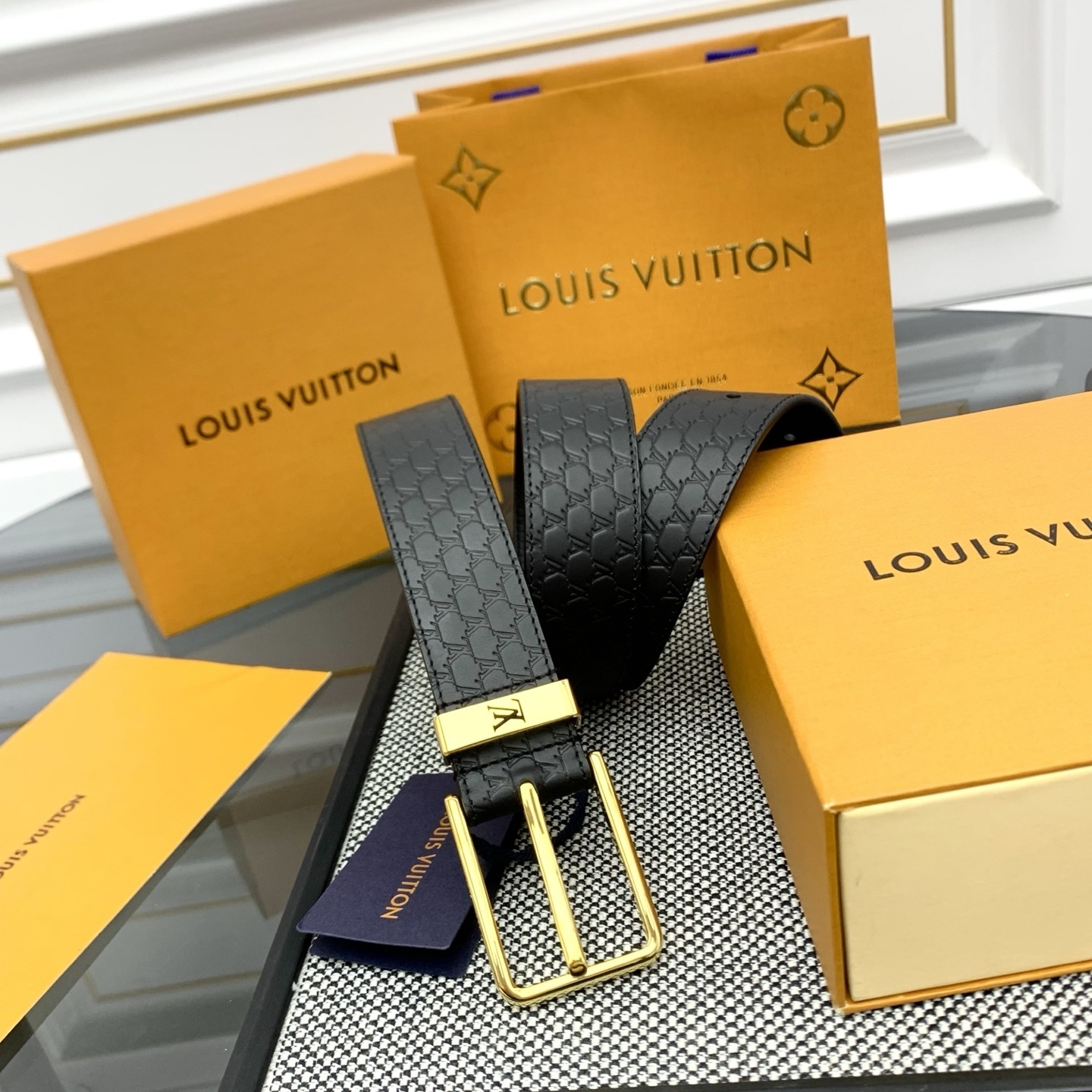 Louis Vuitton Black Embossed Leather Belt with Gold-Tone Buckle