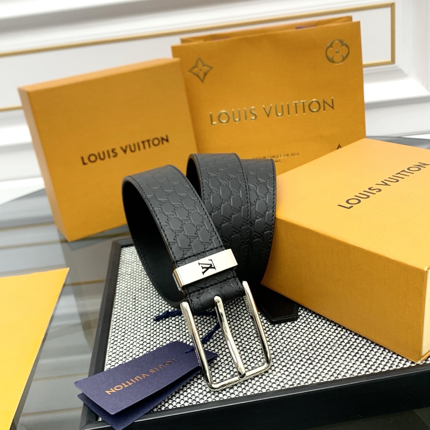 Louis Vuitton Men's Black Monogram Embossed Leather Belt