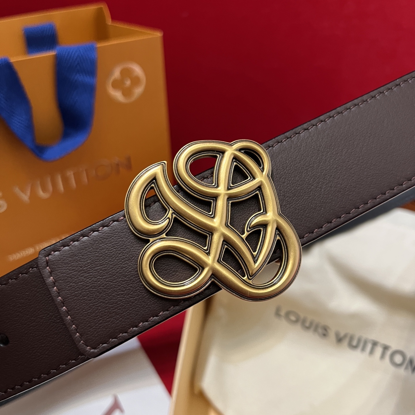 Louis Vuitton Men's Brown Leather Belt with Gold Script LV Buckle