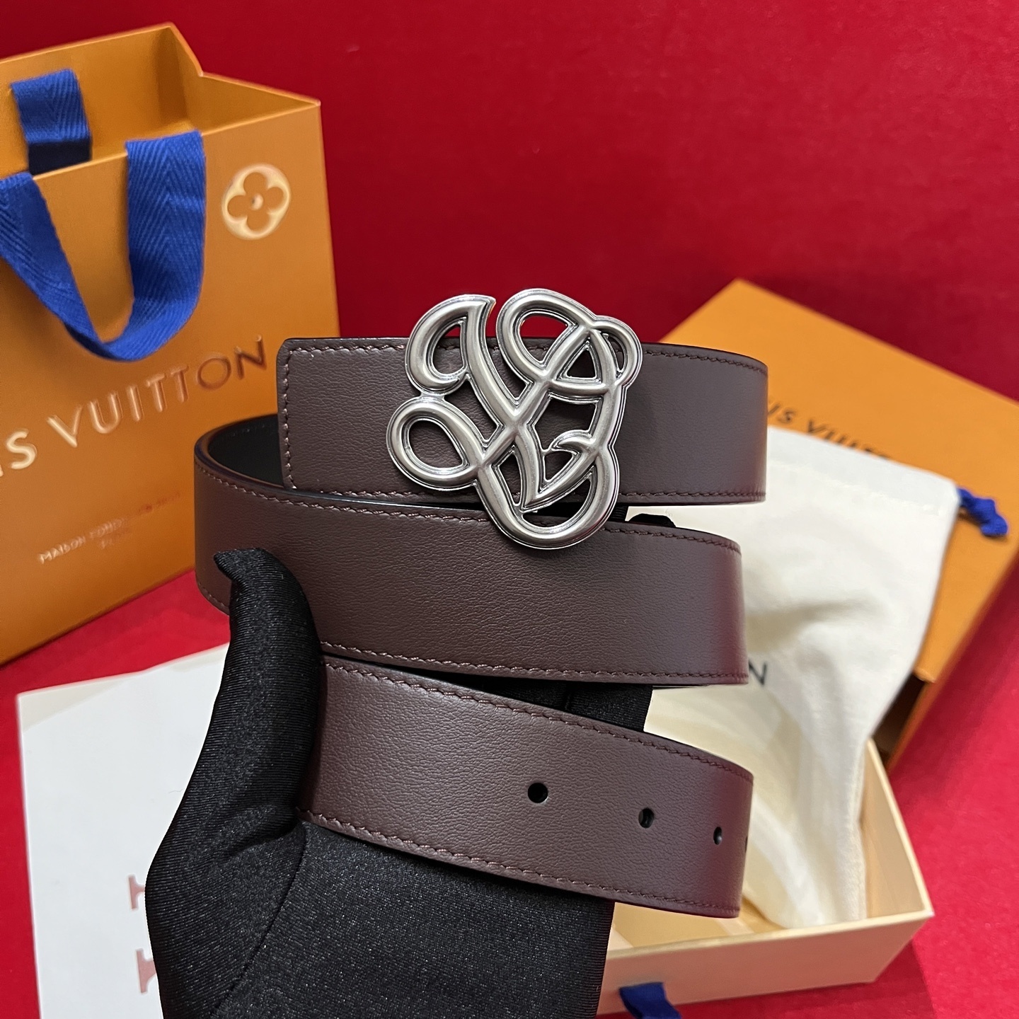 Louis Vuitton Dark Brown Leather Belt with Silver LV Script Buckle