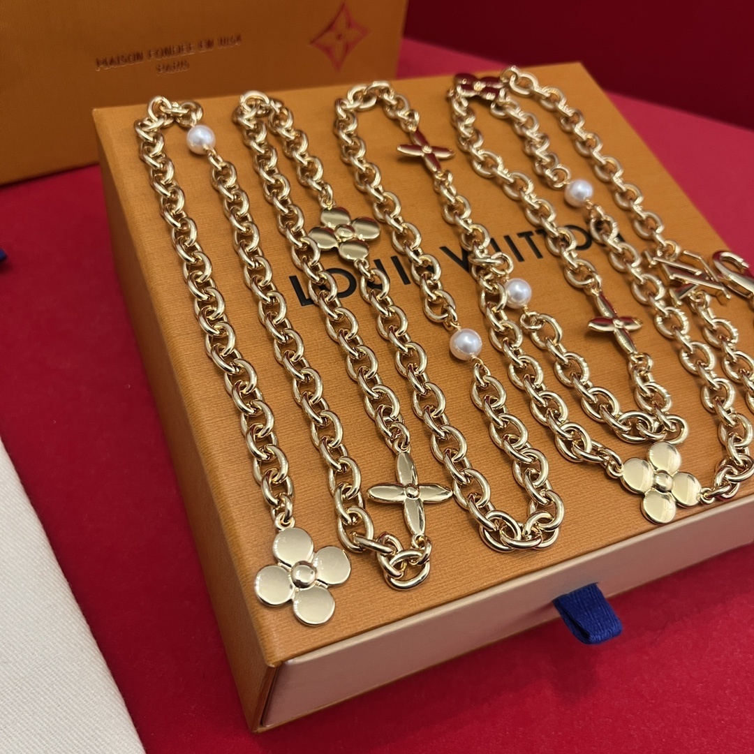 Louis Vuitton Gold Monogram Flower and Pearl Chain Necklace