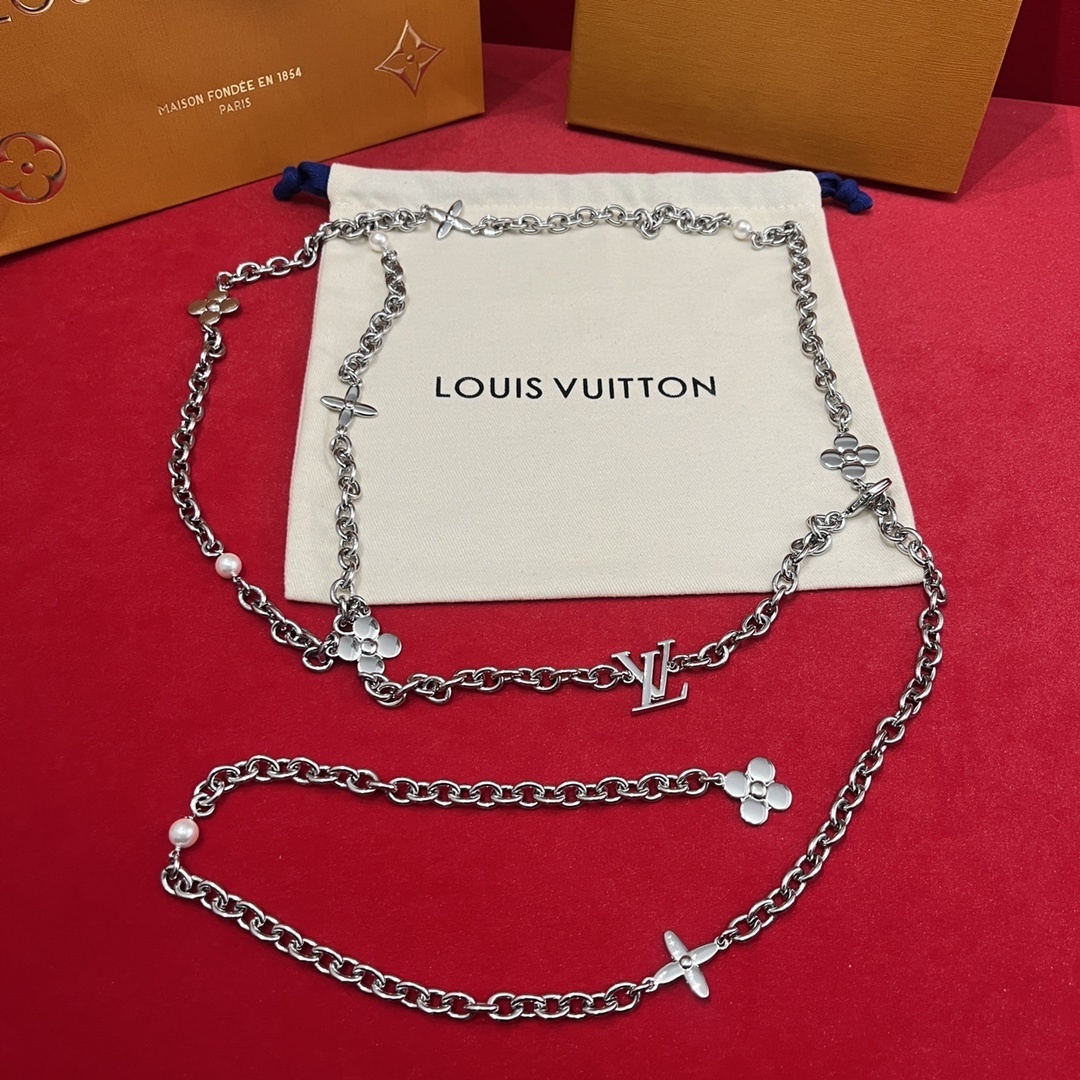 Louis Vuitton Monogram Flower & Pearl Long Necklace - Silver Finish