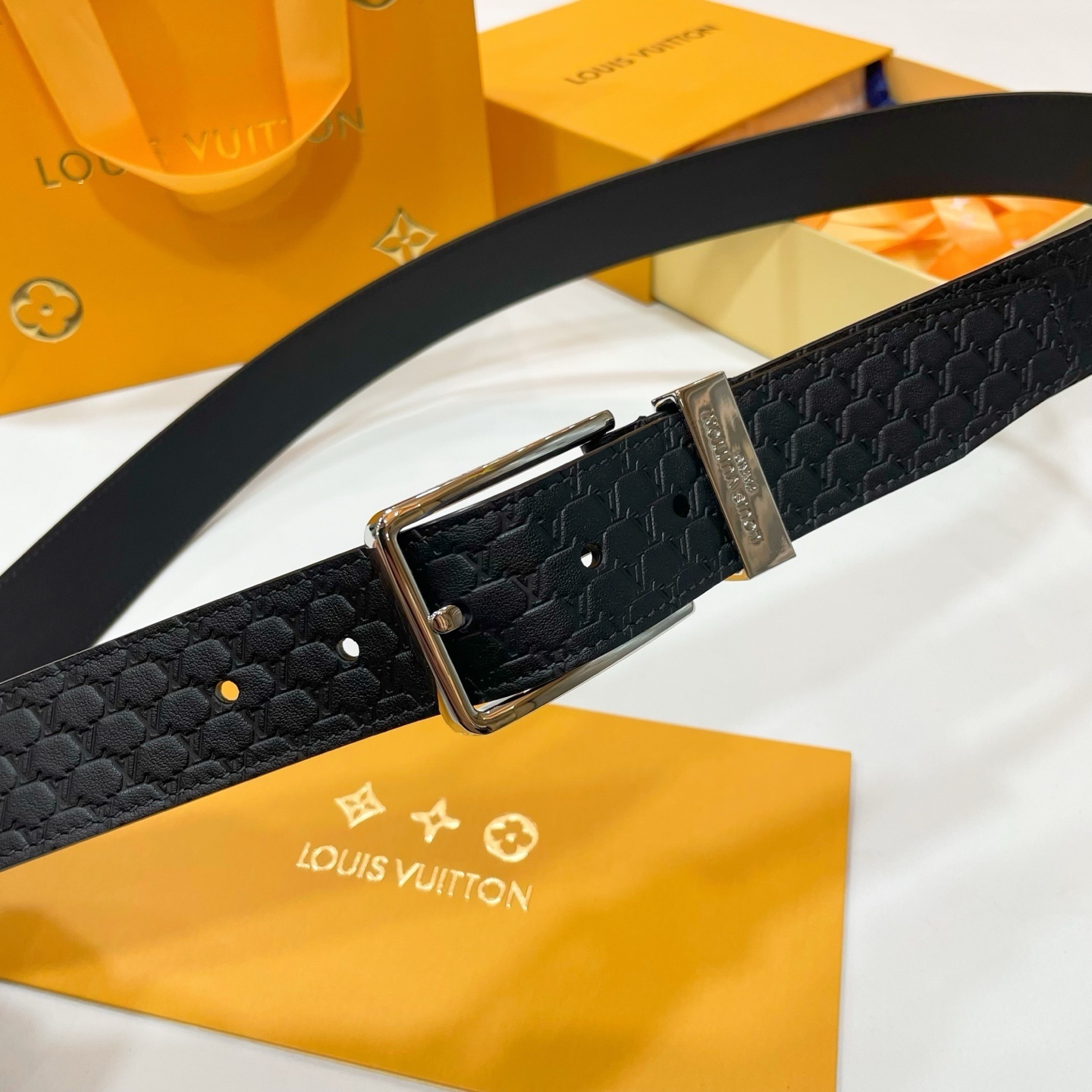 Louis Vuitton Men's Black Monogram Leather Belt with Silver Buckle