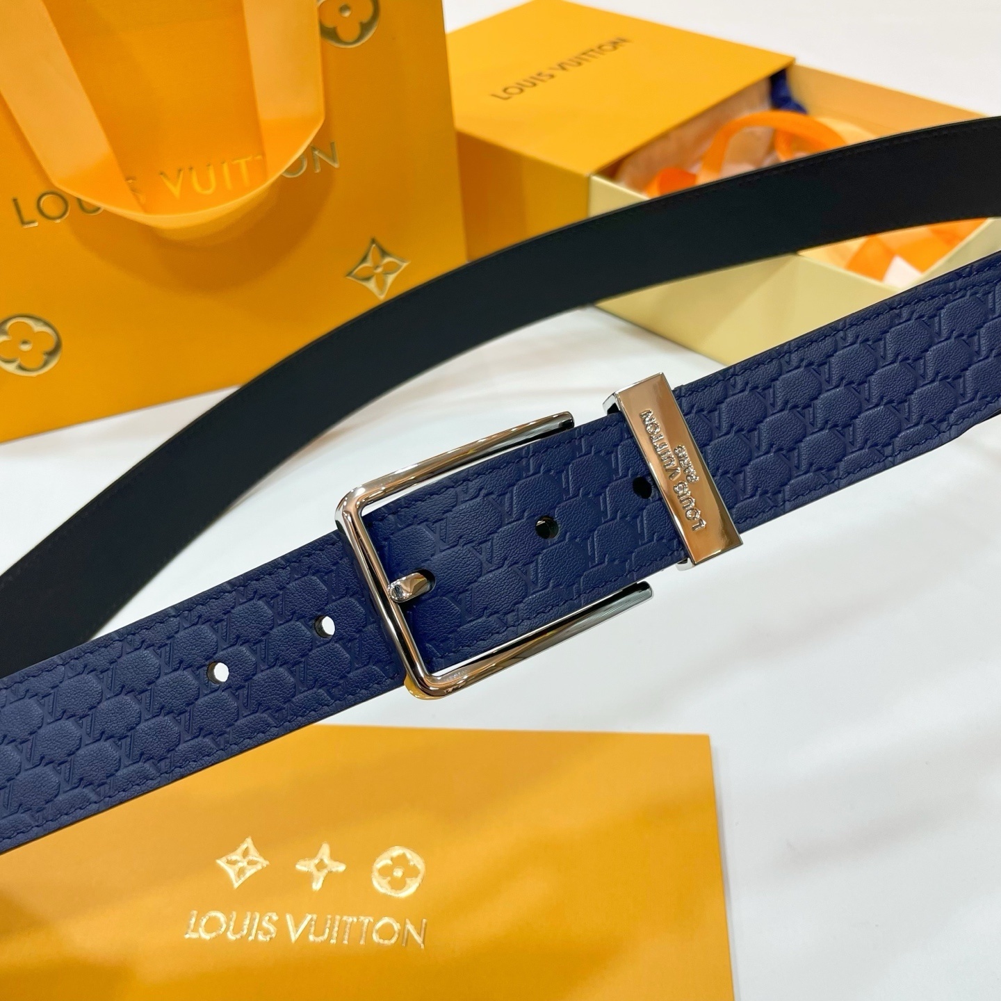 Louis Vuitton Men's Monogram Embossed Blue Leather Belt