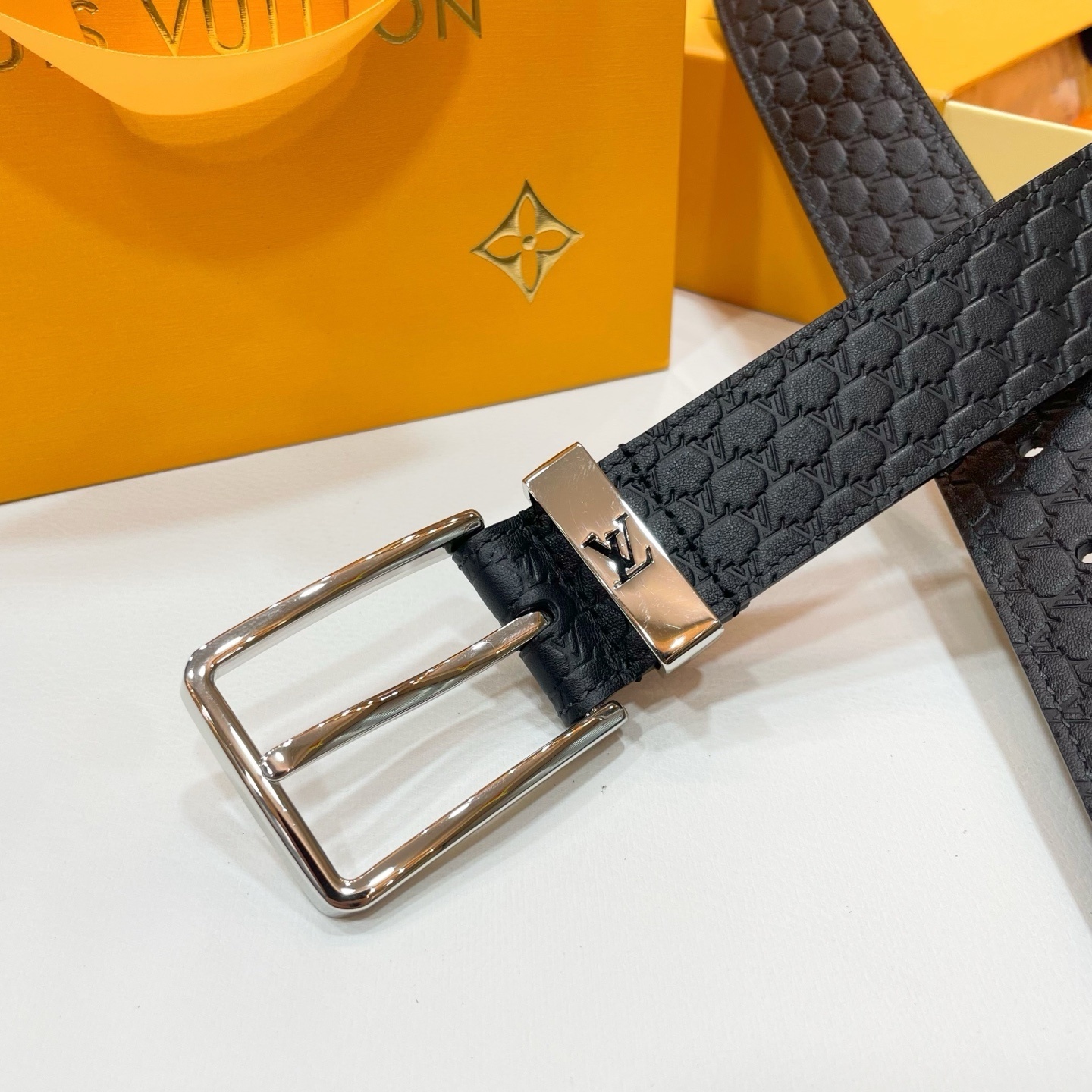 Louis Vuitton Men's Black Embossed Leather Belt - Silver Hardware