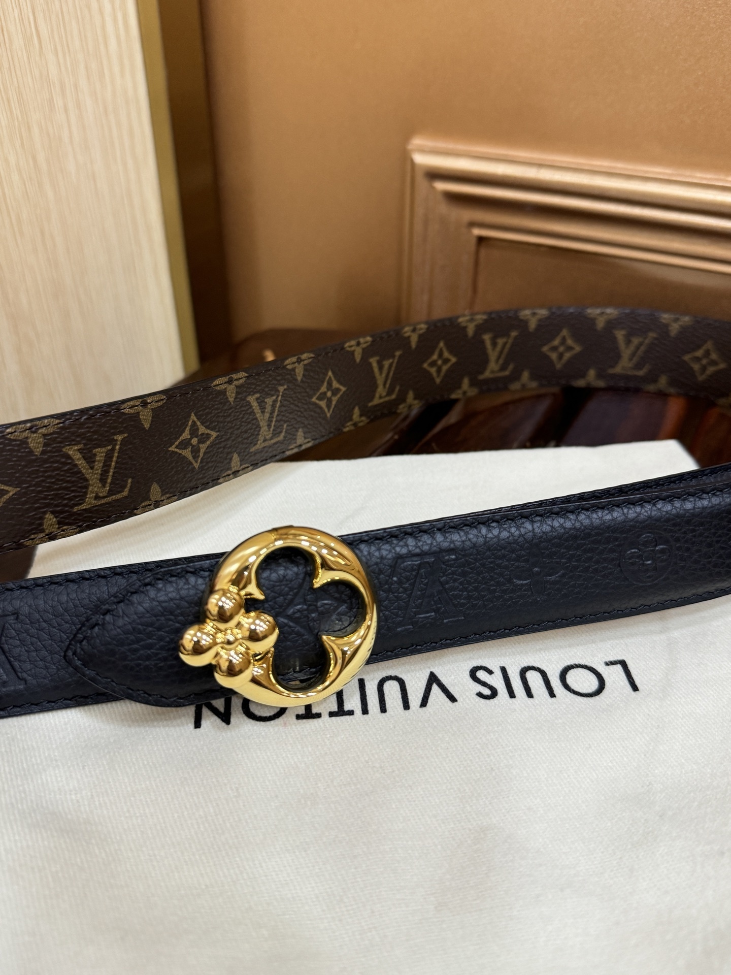 LV Reversible Belt - Black Leather & Monogram Canvas Flower Buckle