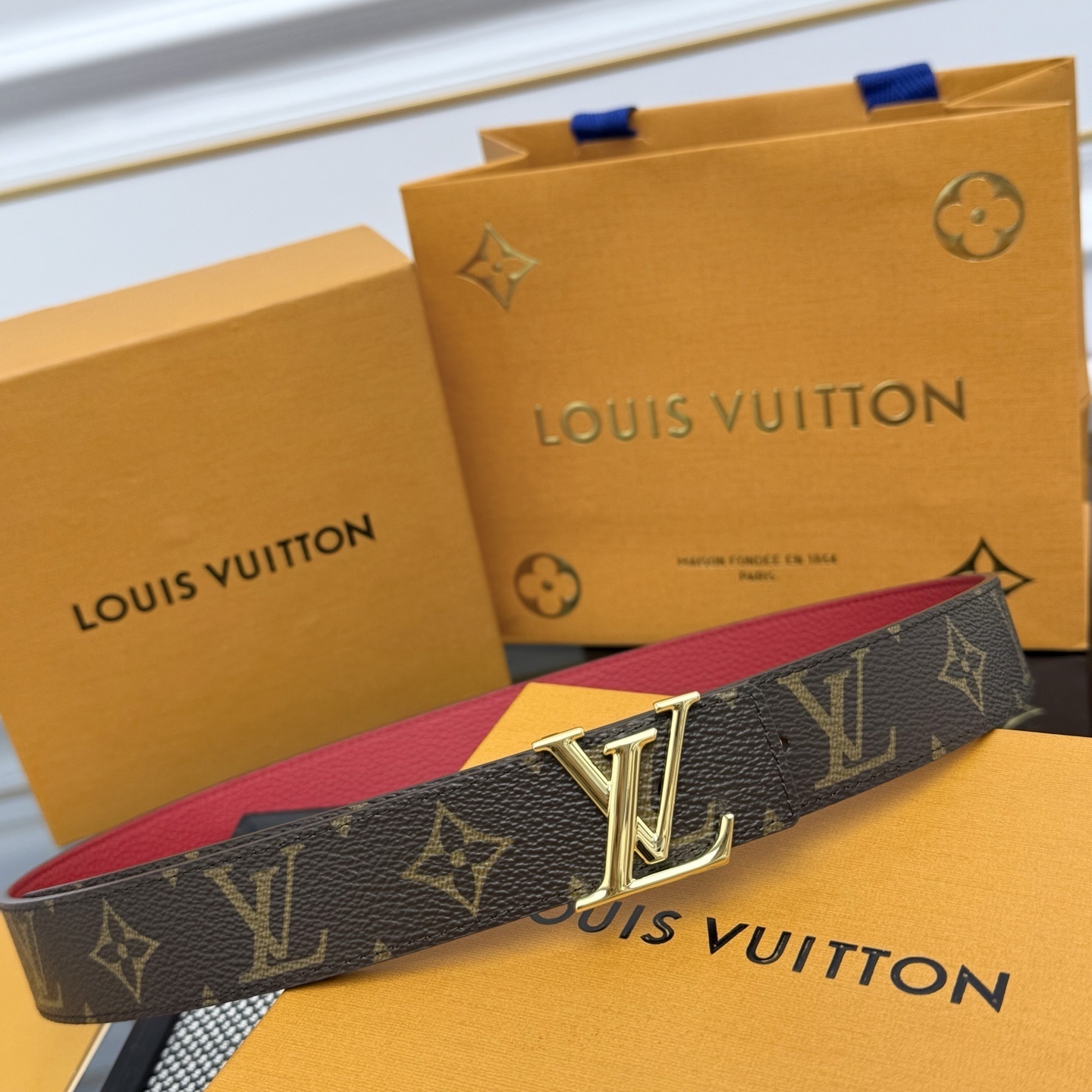 Louis Vuitton Reversible Monogram Belt with Gold LV Buckle