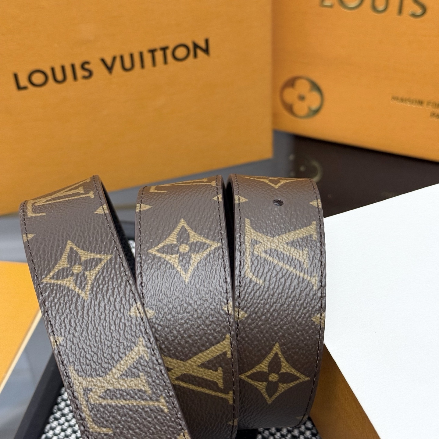 Louis Vuitton Monogram Canvas Belt with Gold LV Initial Buckle