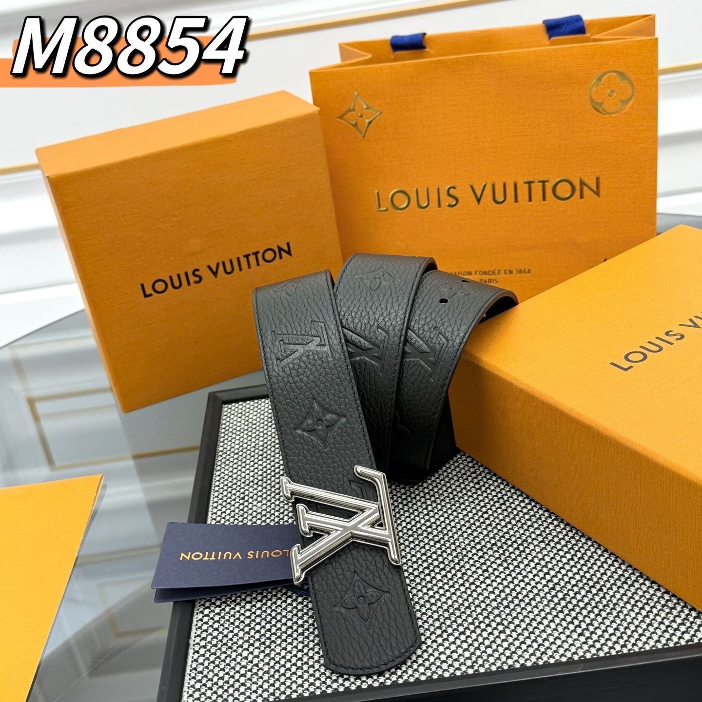 Louis Vuitton LV Initial Black Embossed Leather Belt M8854