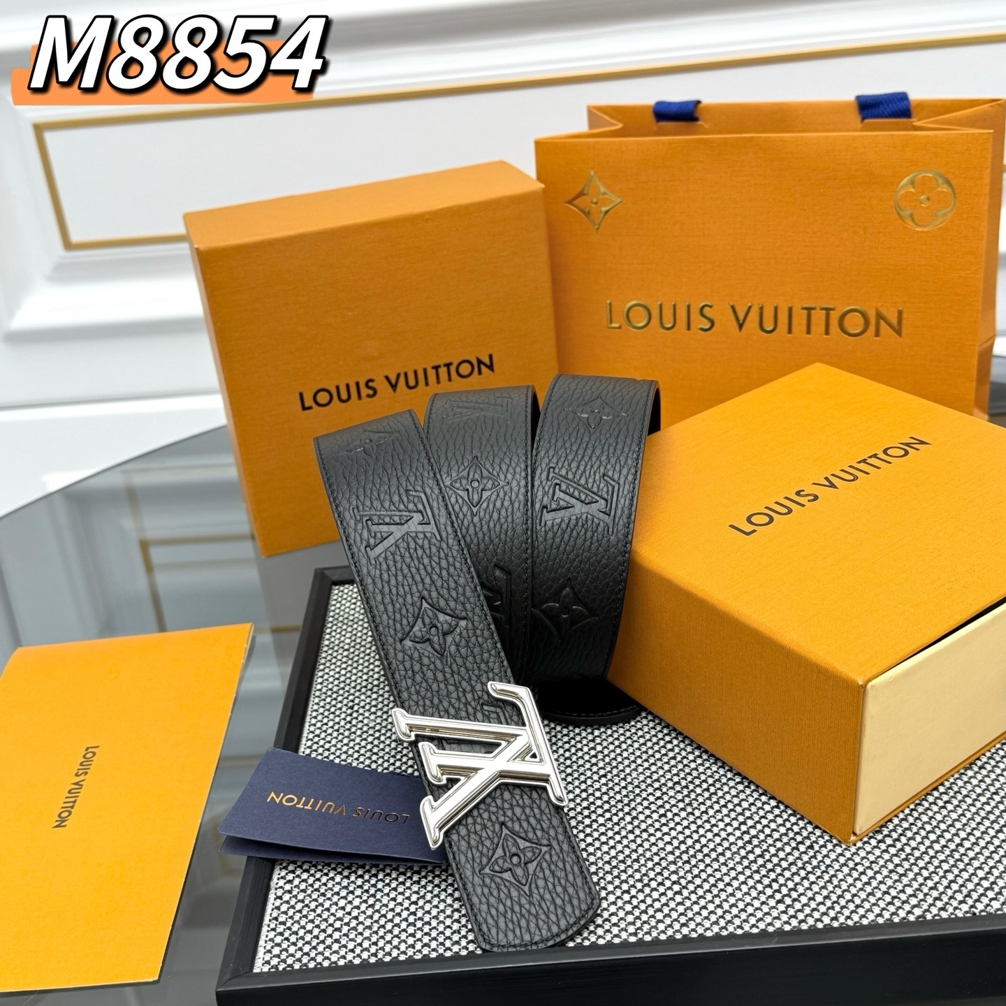 Louis Vuitton Black Monogram Leather Belt with Silver LV Buckle