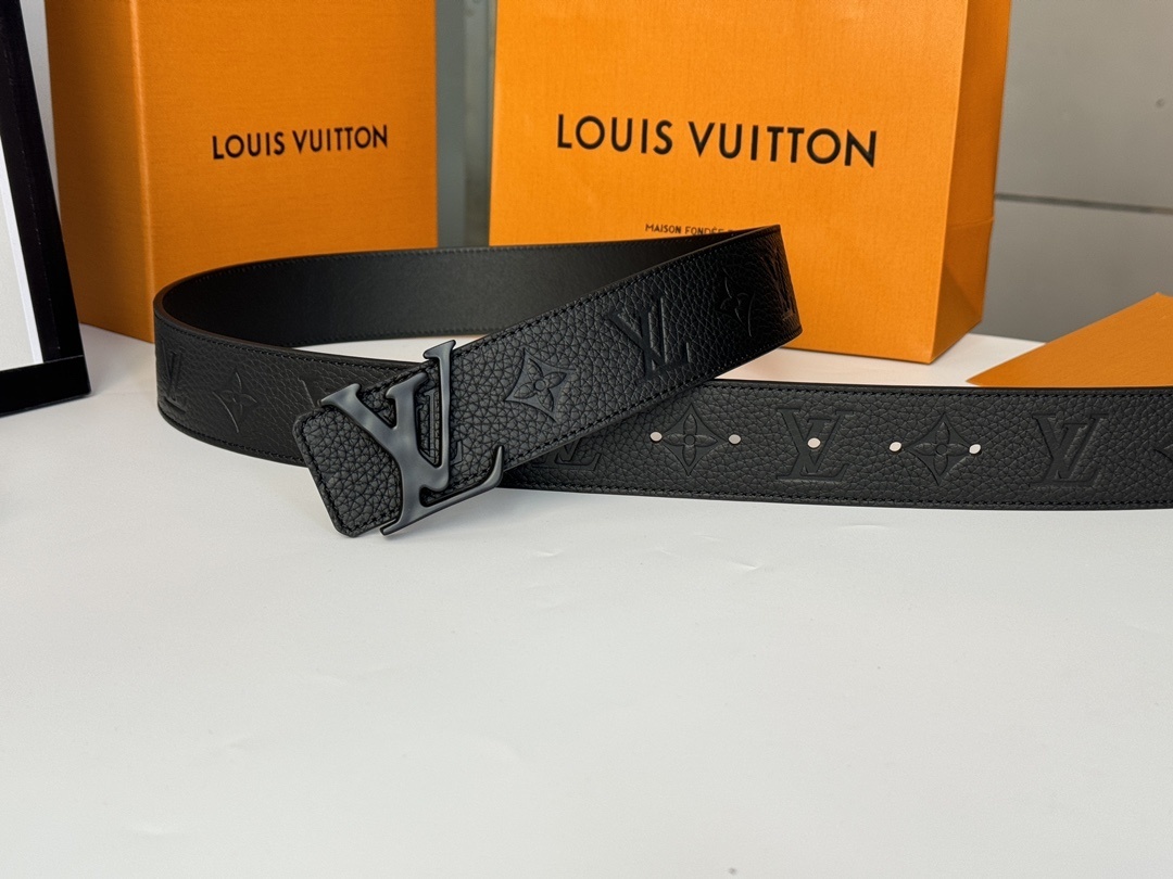 Louis Vuitton Men's Monogram Embossed Black Leather Belt - Matte Buckle