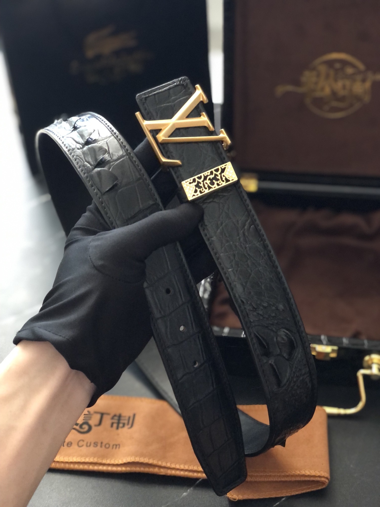 Luxury Black Crocodile Skin Men's Belt with Gold V-Buckle