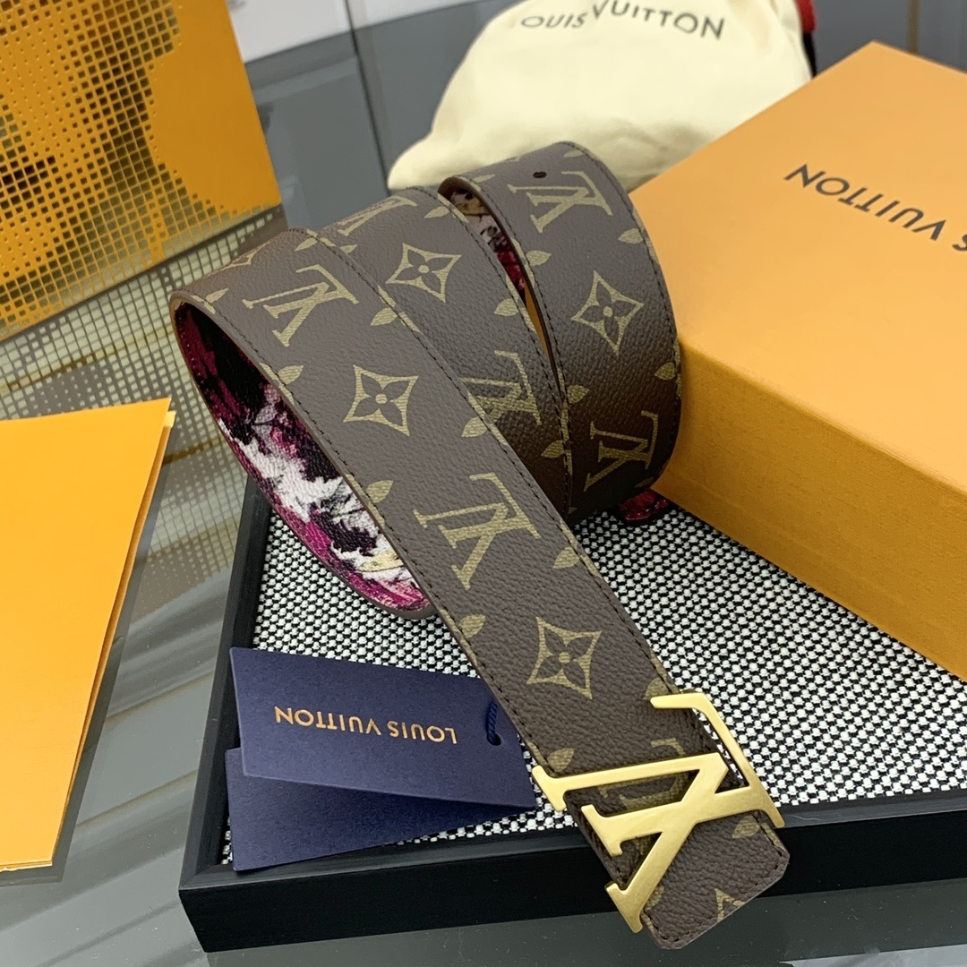 Louis Vuitton Reversible Monogram Floral Belt with Gold Buckle