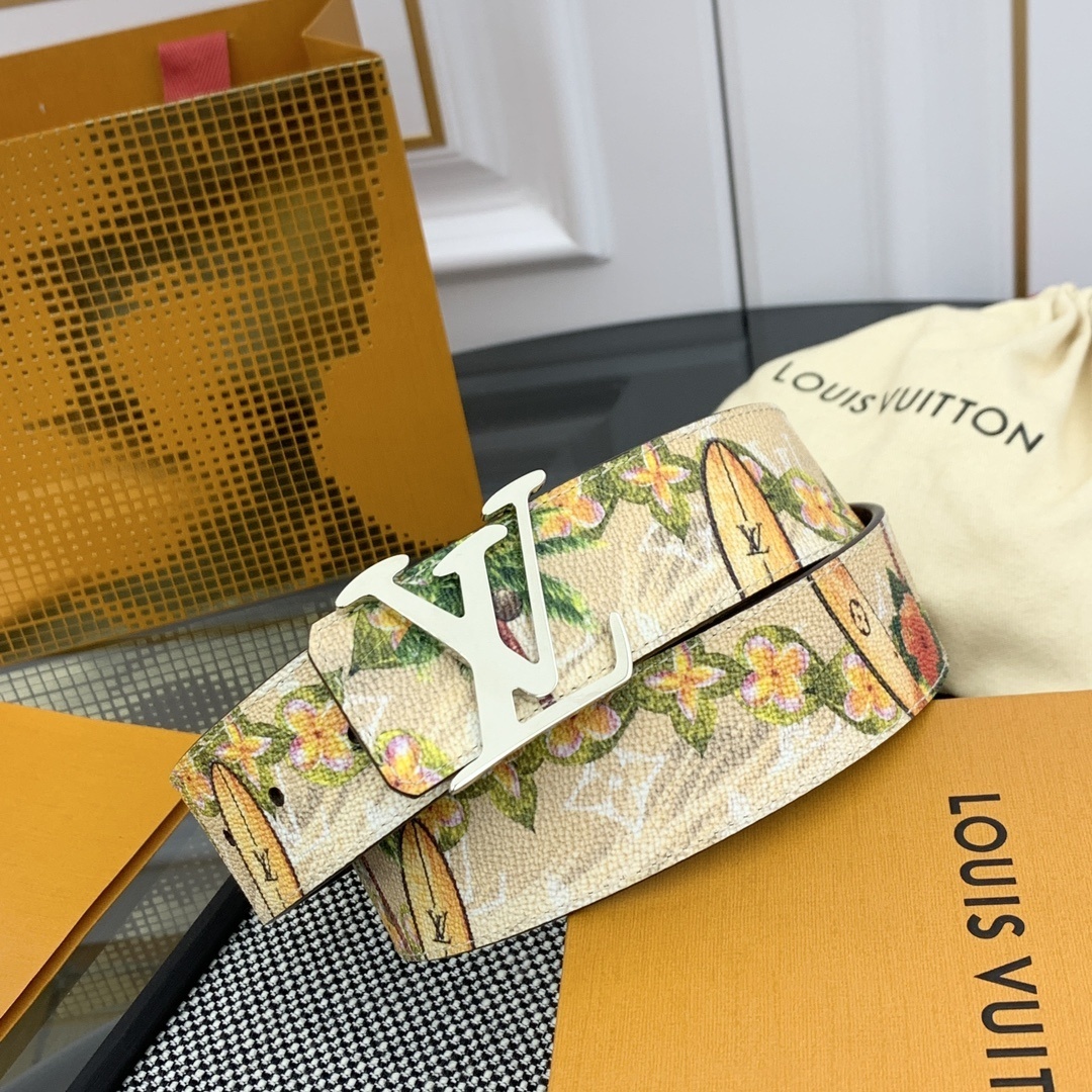 Luxury LV Monogram Belt with Floral Lining and Silver Buckle