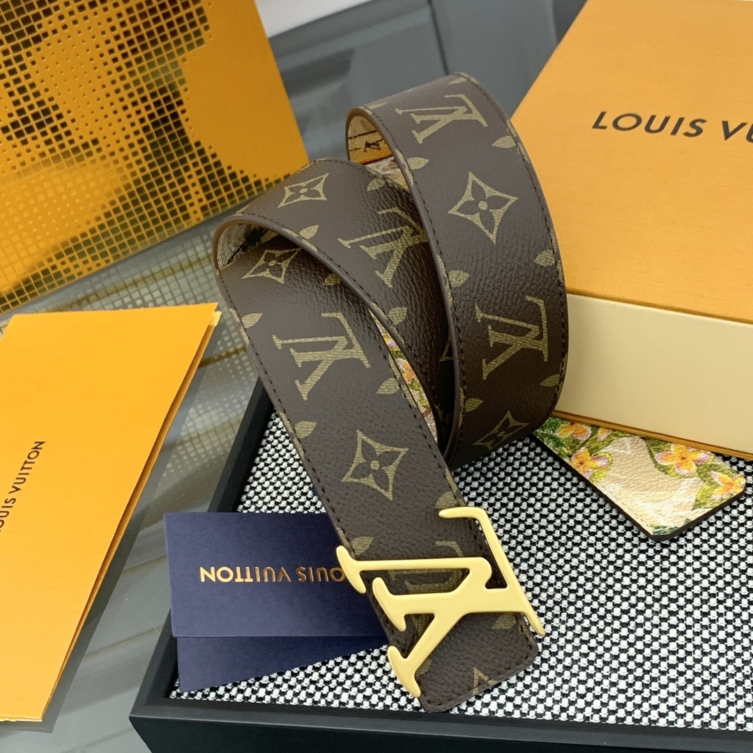 Louis Vuitton Reversible Monogram Floral Belt with Gold LV Buckle