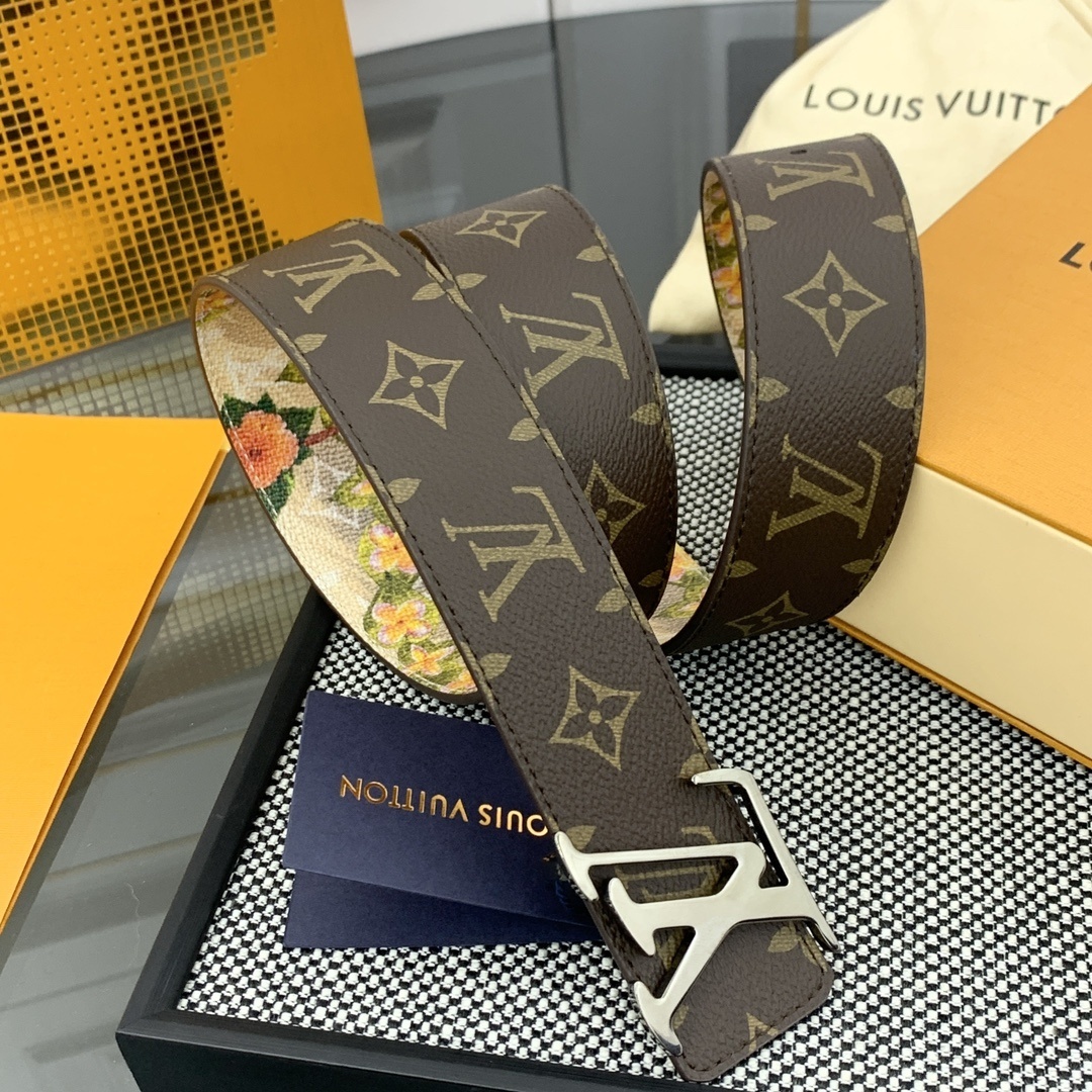 Louis Vuitton Reversible Monogram Canvas Floral Belt Silver Buckle