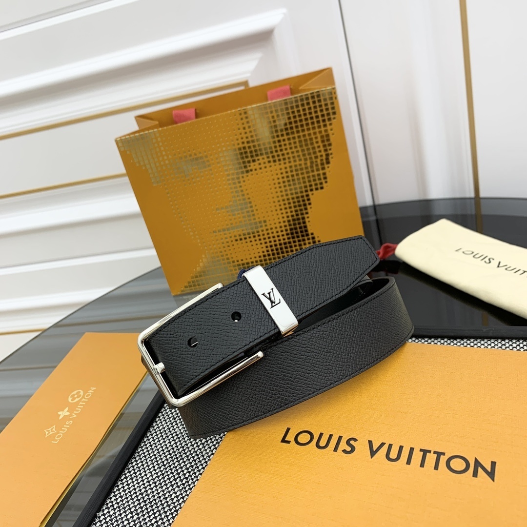 Louis Vuitton Men's Black Pebble Leather Belt with Silver Buckle