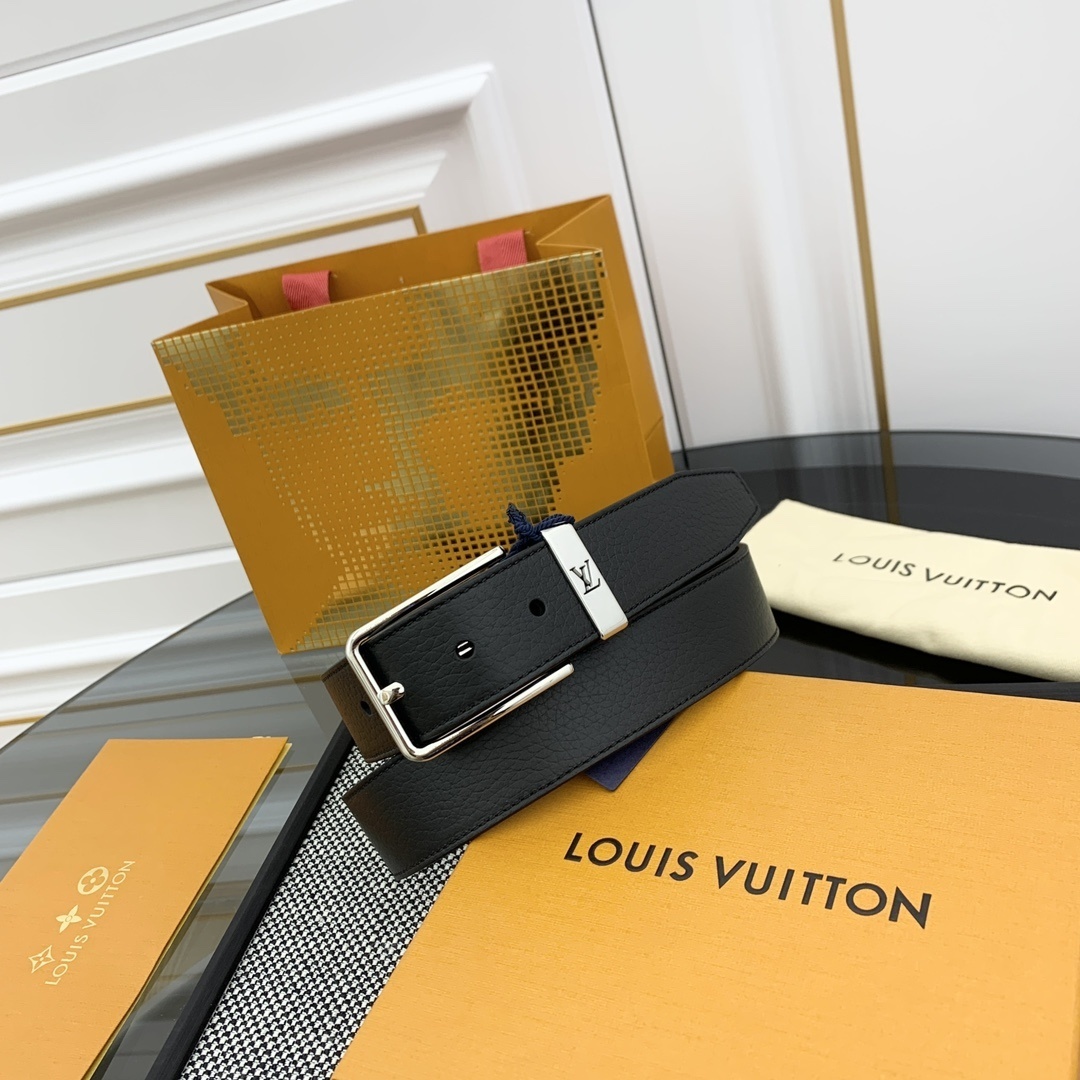 Louis Vuitton Men's Black Taurillon Leather Belt with Silver Buckle